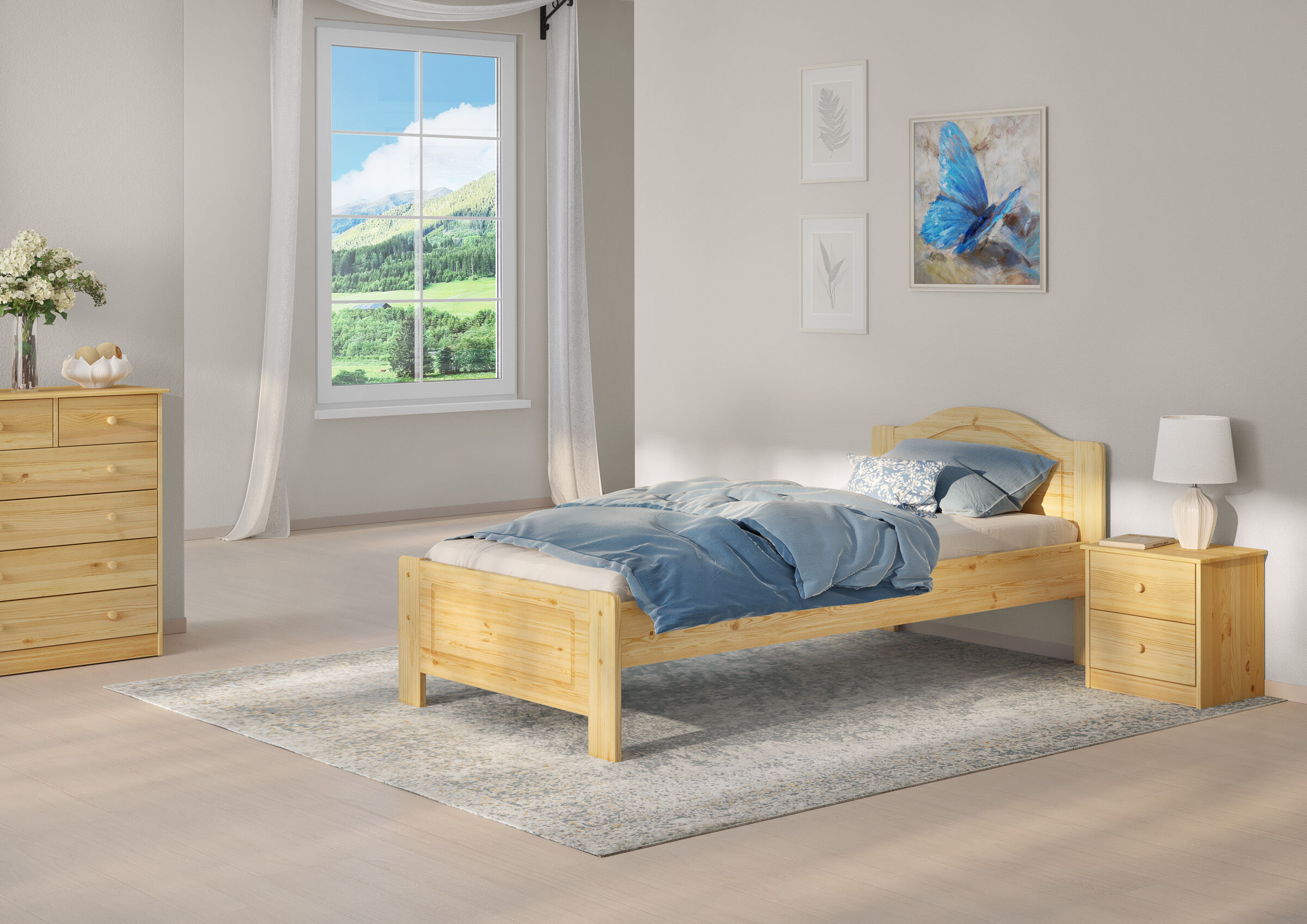 Innenarchitektur, Mobiliar, Inneneinrichtung, Bett, Schlafzimmer, Zimmerbild Einzelbett Kiefer natur