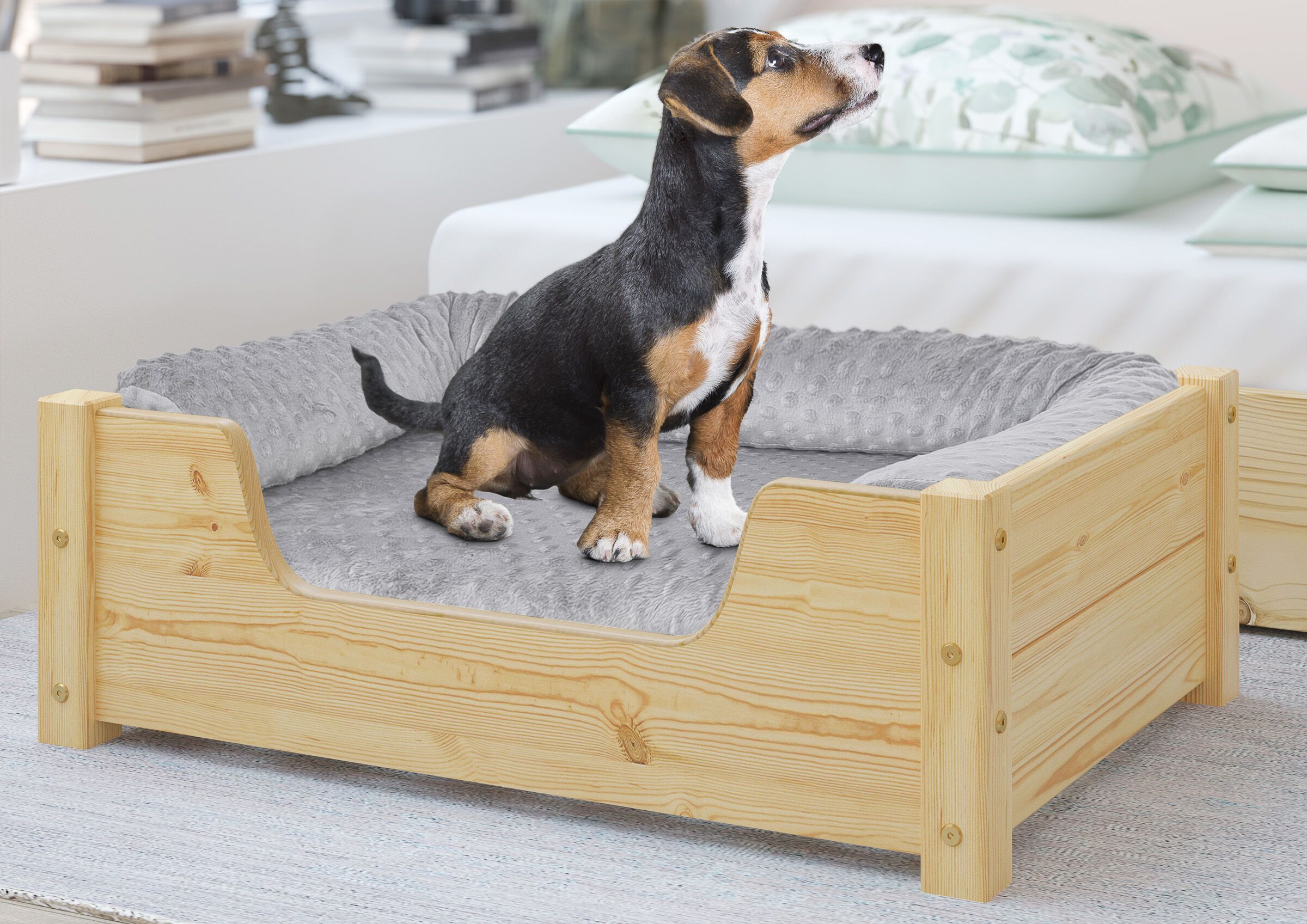 dog bed, pet bed, wooden frame, soft gray mat, small dog, Hundebett für kleine Hunde