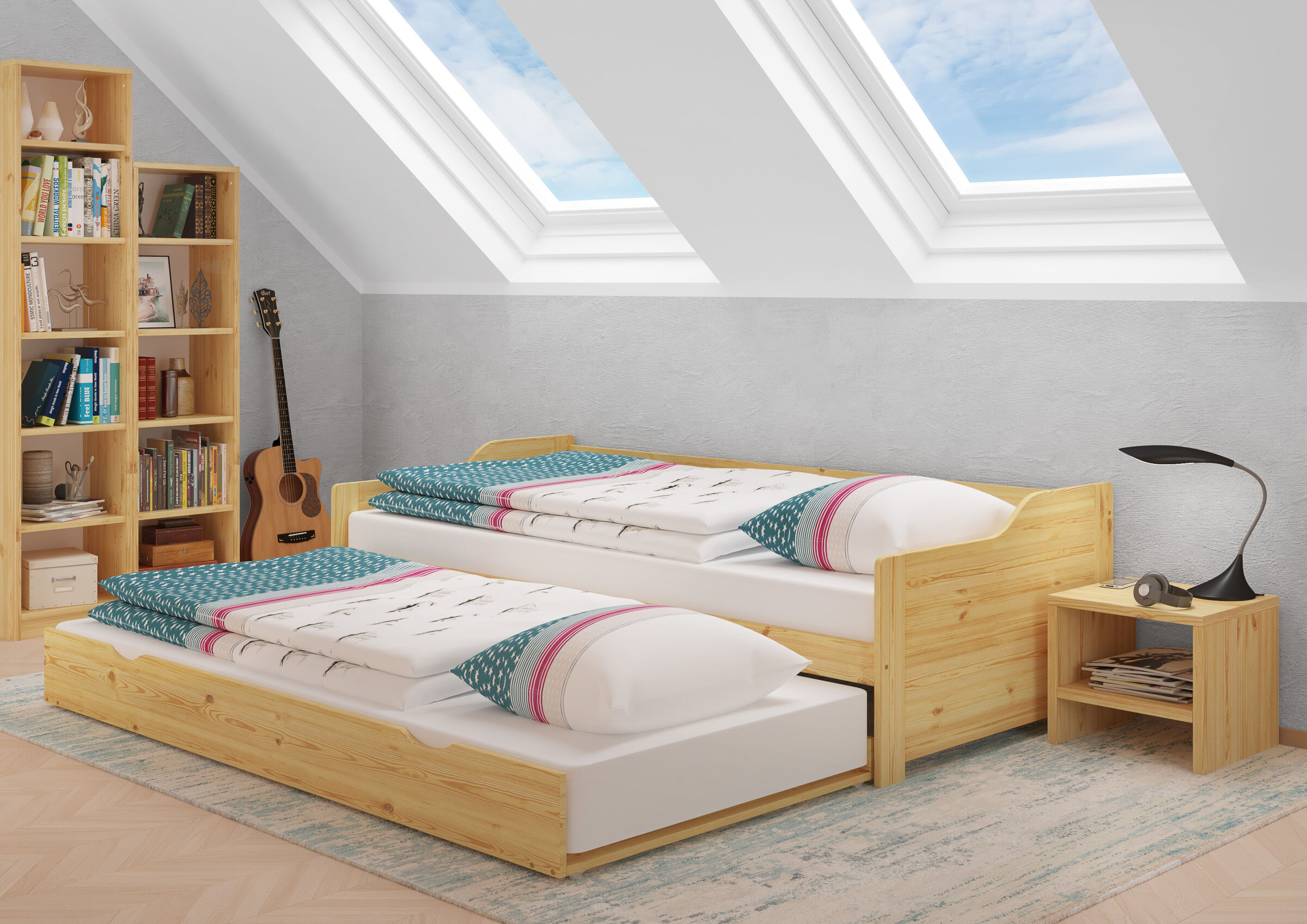 Fenster, Bett, Innenarchitektur, Dachfenster, Gitarre, Kinderzimmer mit Ausziehbett 90x200