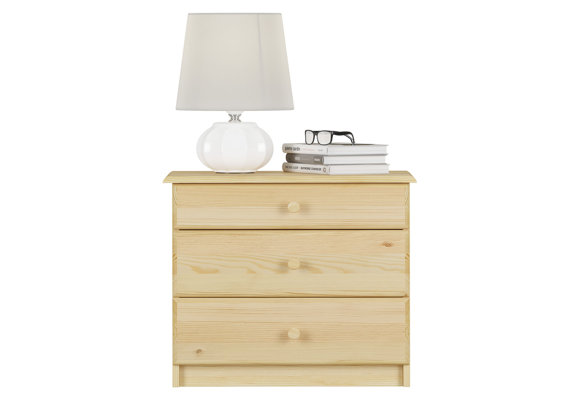 Nachttisch, Schubladenkommode, Holz, Lampe, Bücherstapel, Massivholznachtkästchen aus Kiefer