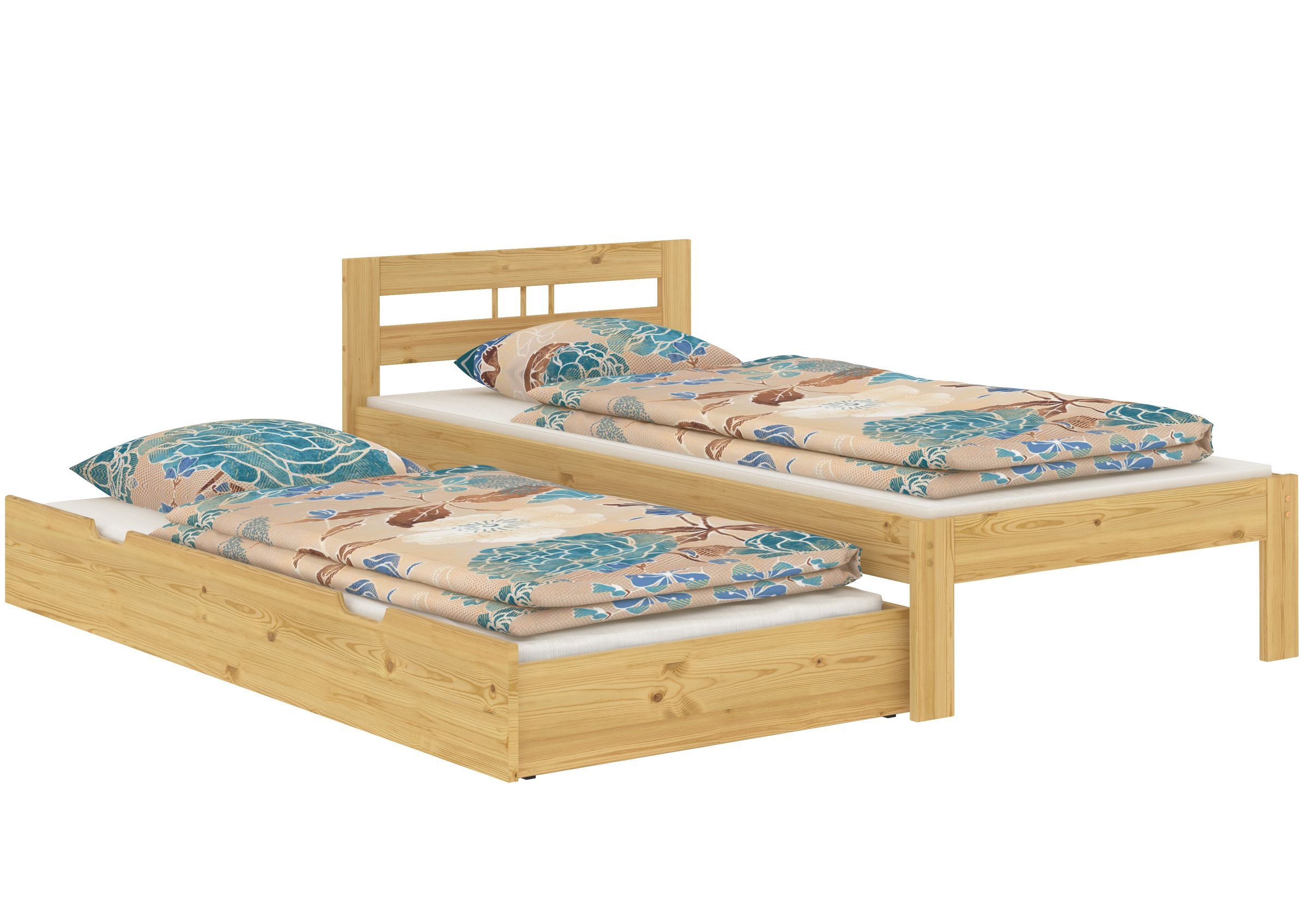 Holzbett, Einzel- und Stockbett, Bettgestell aus Holz, Birkenholz, Matratze ohne Bezug, Jugendbett Kiefer natur mit Gästebettkasten