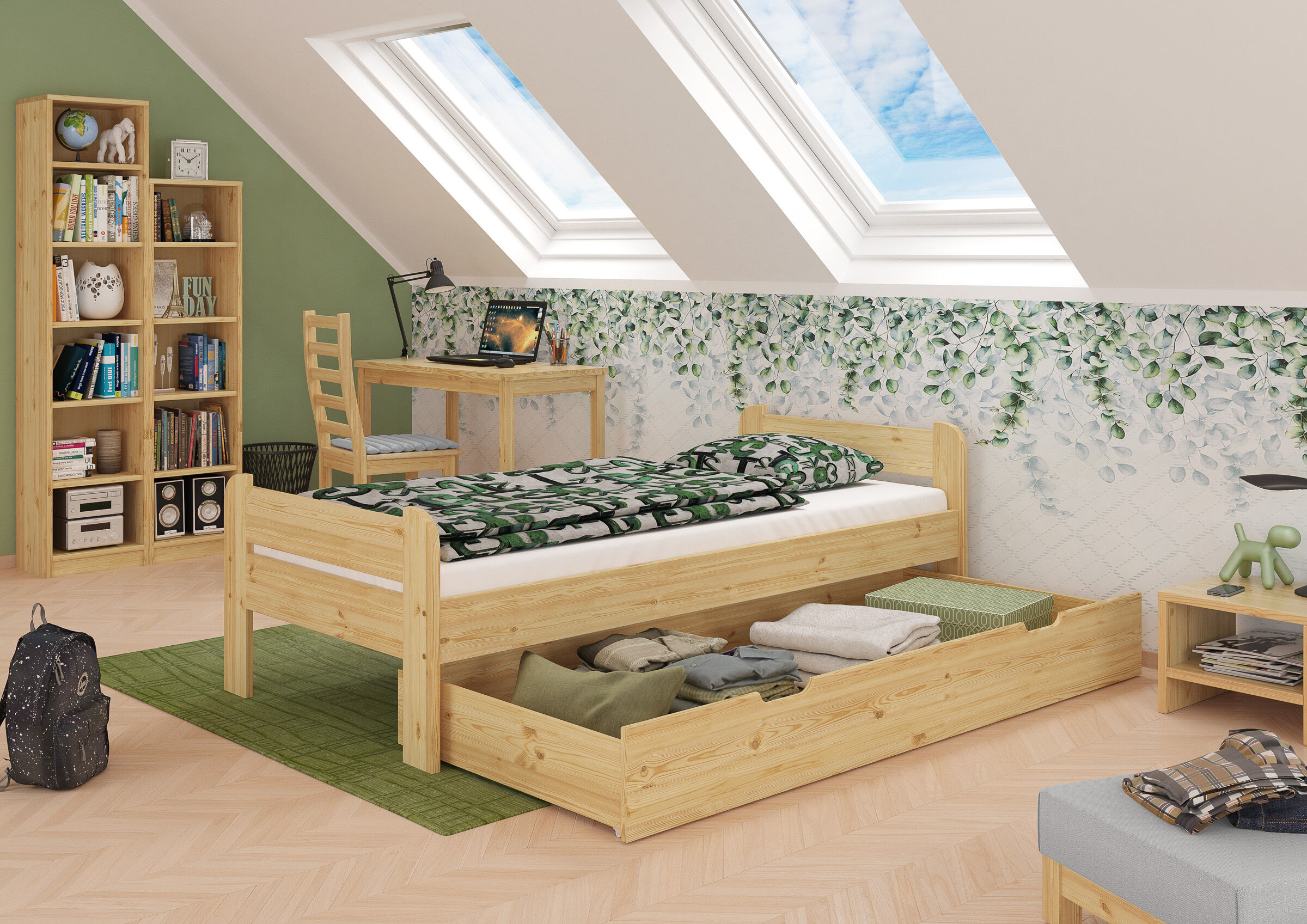 bett, hochbett, holz, grünes-thema, aufbewahrung, Jugendzimmer mit Holzbett und Bettkasten Kiefer natur