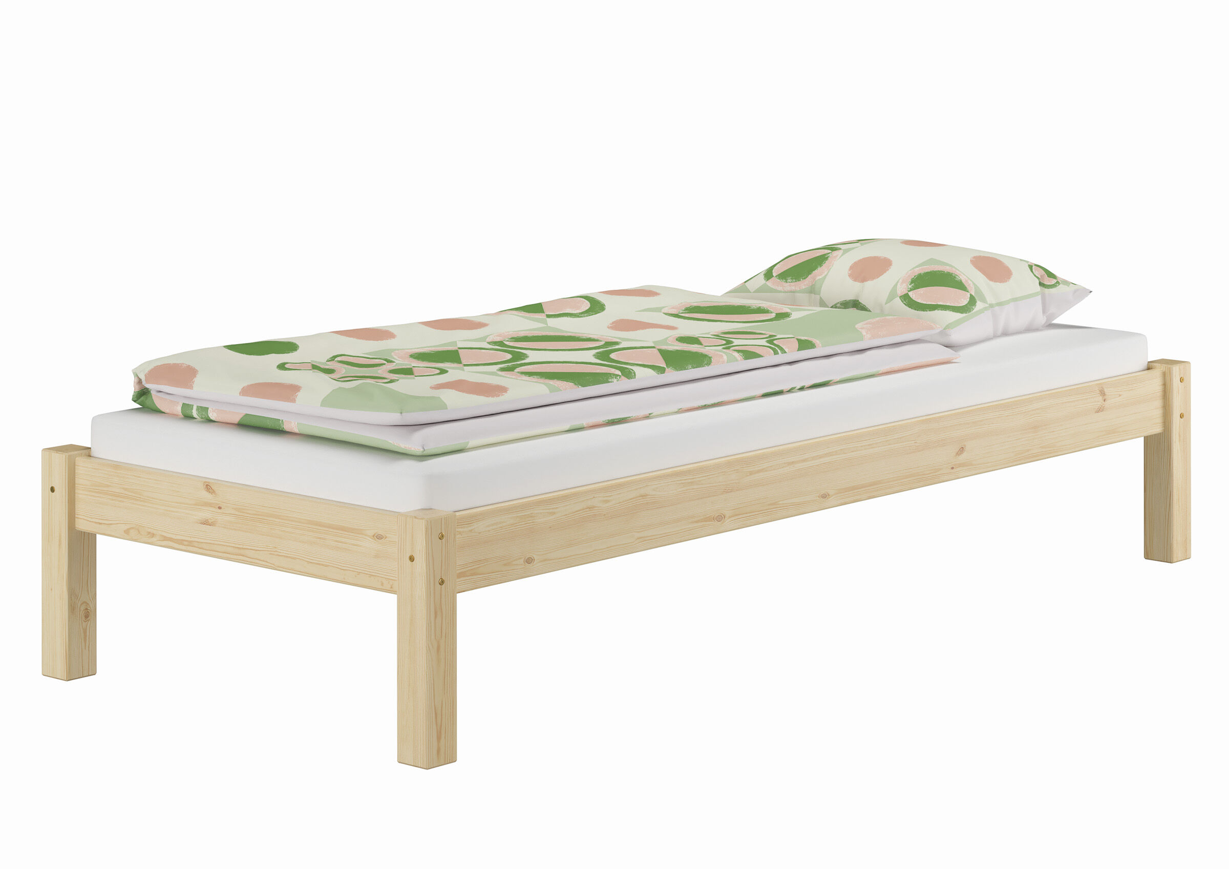 Holzbettrahmen, Einzelbett, Matratze, Bettwäsche, Muster grün pink,