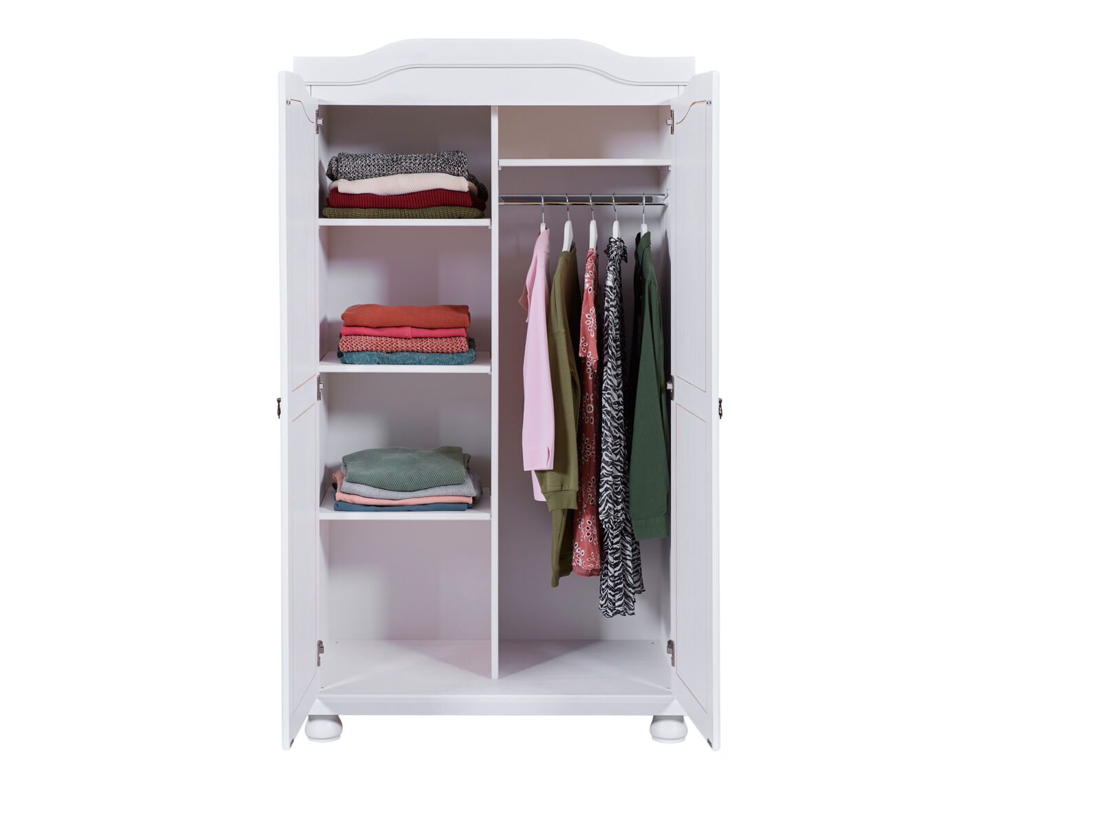 Kleiderschrank, Kleidung, Schrankregal, Hängende Kleider, Samt/Weichstoffe, Schrank in Kiefer massiv weiß mit 5 Ablagefächern