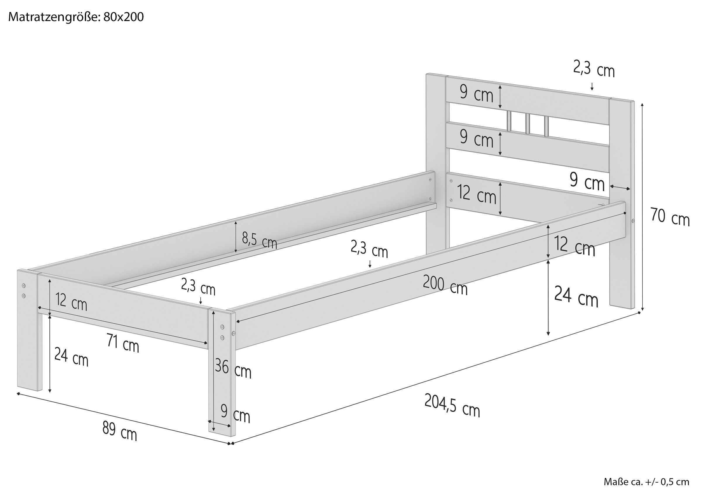 Einzelbett, Fräsbettrahmen, Holzbett, Lattenrost nicht enthalten, Matratzengröße-80x200, Skizze mit Maße Einzelbett
