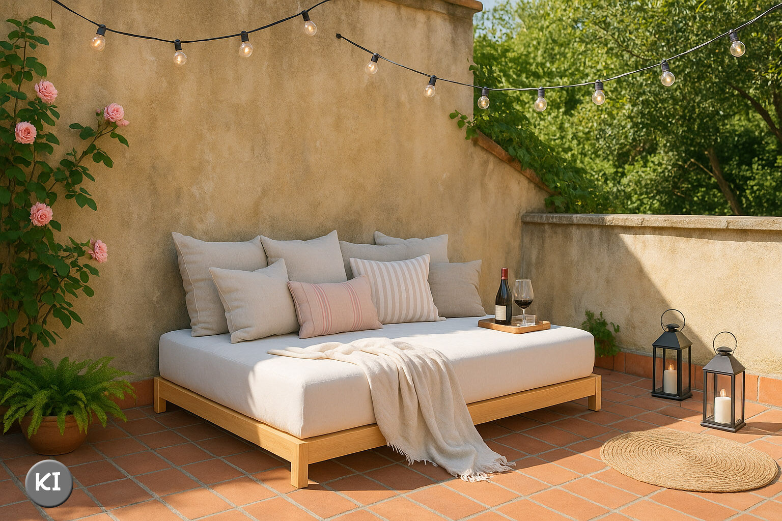 outdoor sofa, daybed, cushions, pillows, string lights, Daybed Terrassenidyll
