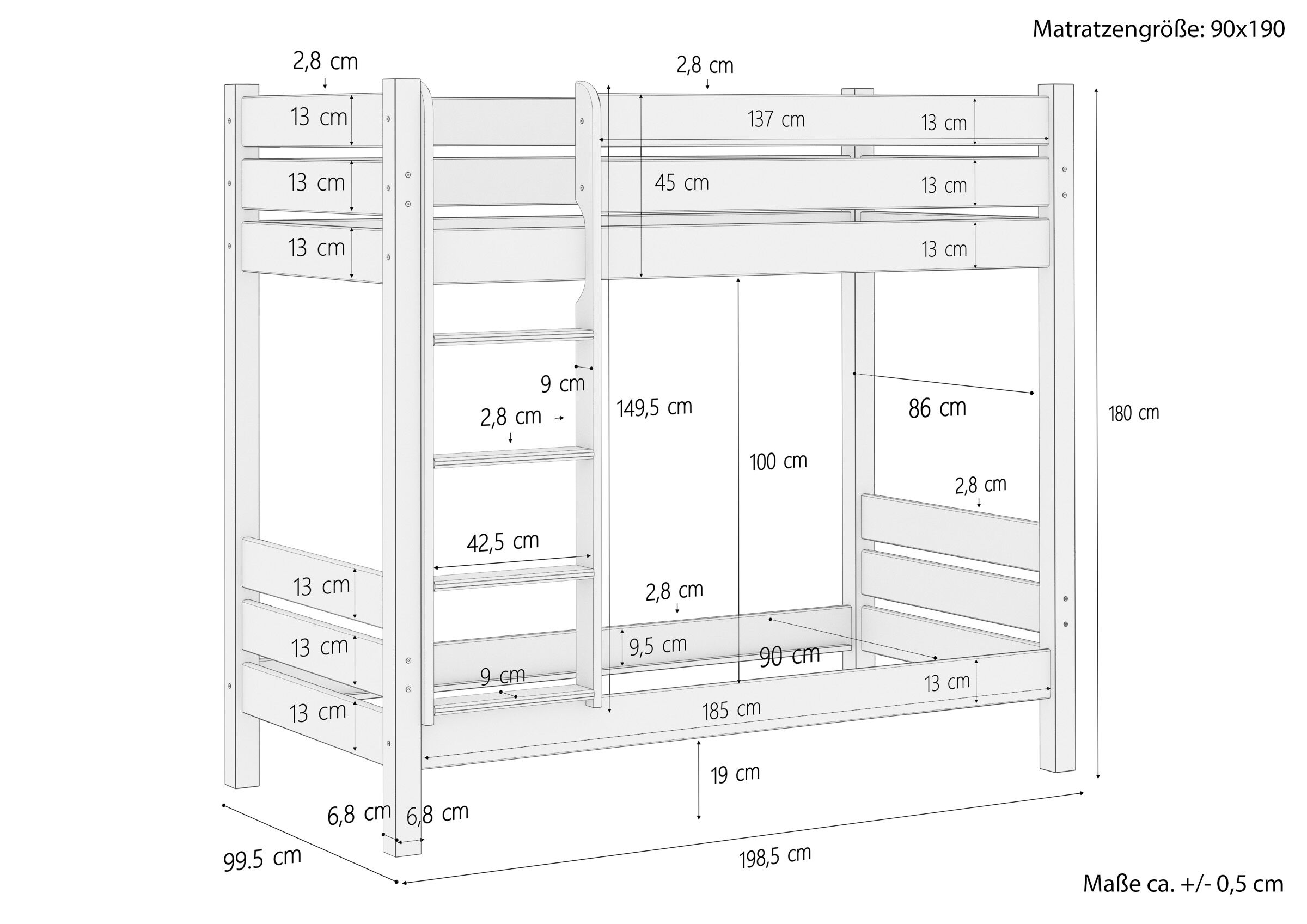 hochbett, Etagenbett, Holzbett, Schubladen, Matratze 90x190, Skizze mit Maße Etagenbett