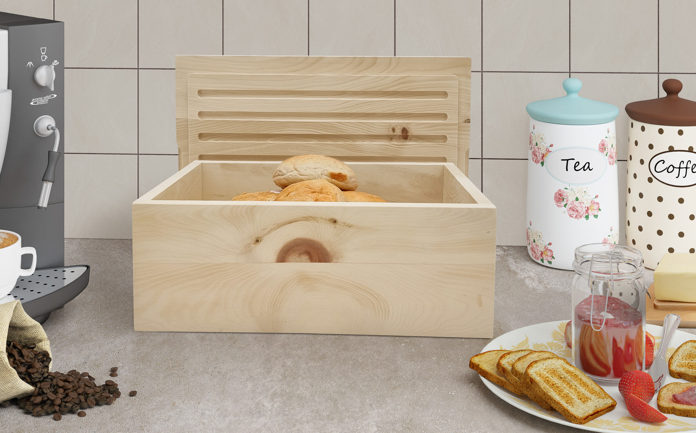 brot, brotbox, kuchen, kaltgetränk, kaffeemaschine, Brotkasten aus Zirbenholz mit Deckel