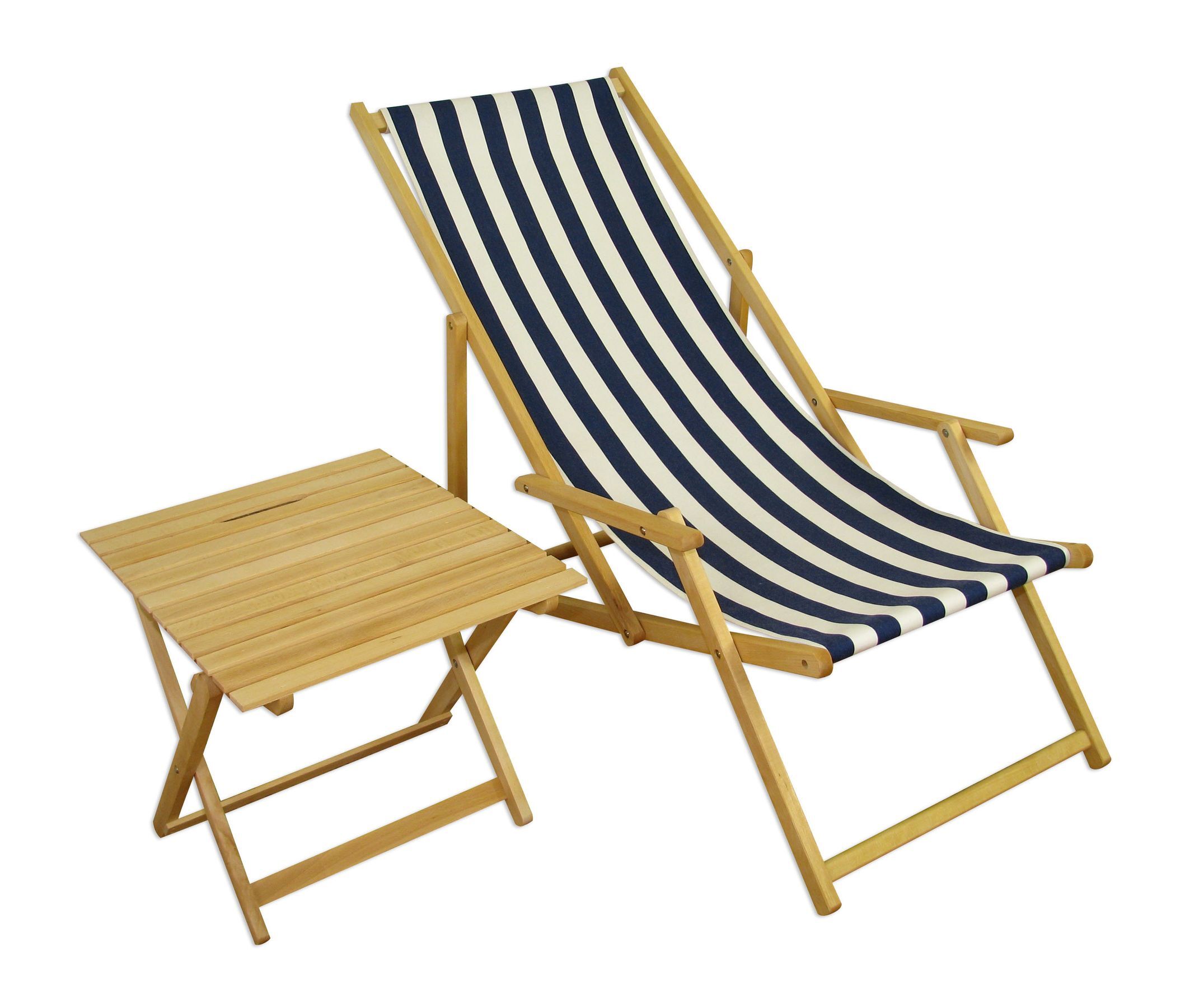 Sonnenliege, Strandstuhl, Holzrahmen, gestreifte Stoffbespannung, Beistelltisch, Beistelltischchen und Liegestuhle aus hellem Holz