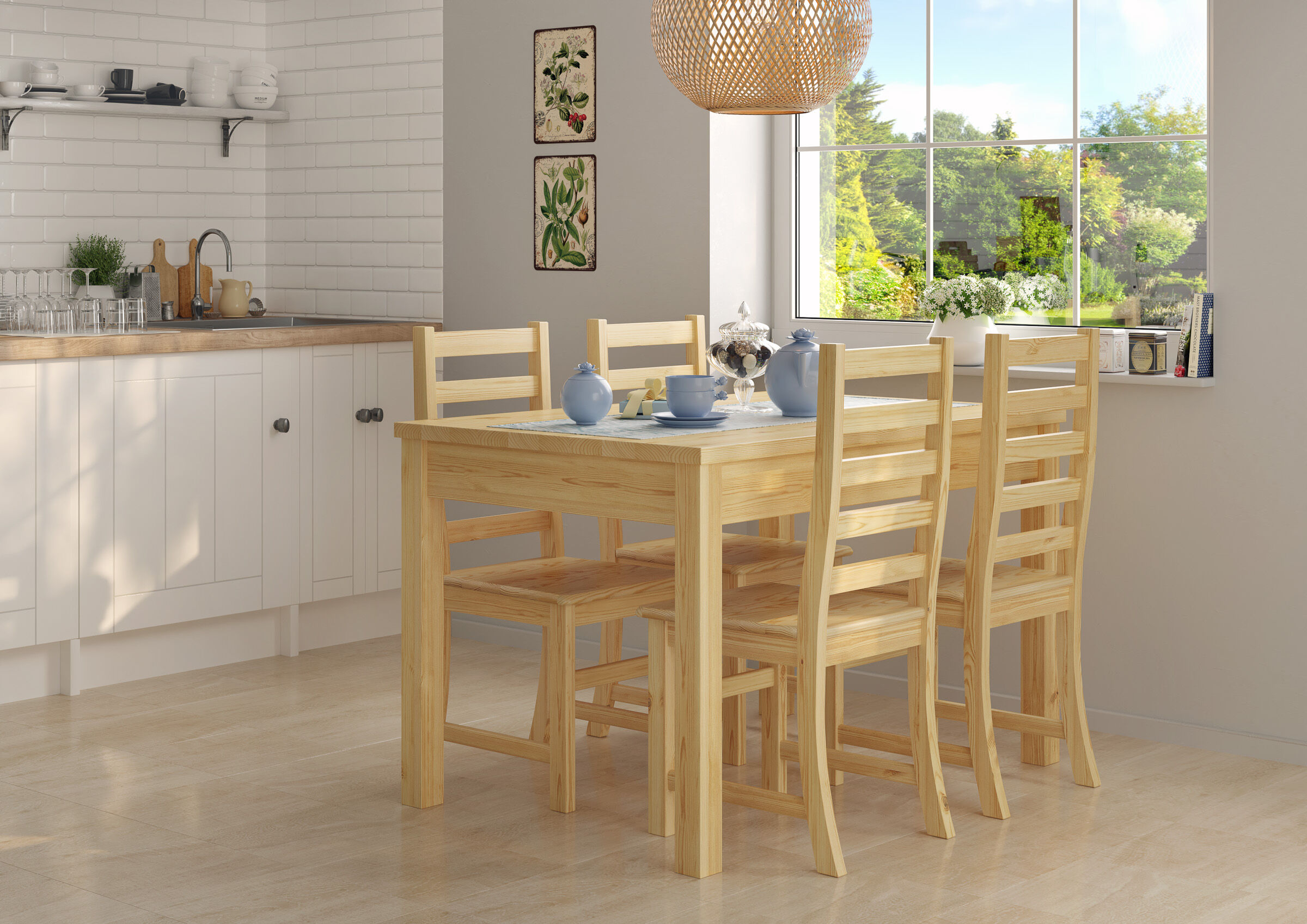 küchentisch, holzstuhl, esszimmer, naturholz, kücheninterieur, Stuhl aus Massivholz Kiefer mit elegant geschwungener Rückenlehne und geraden Streben