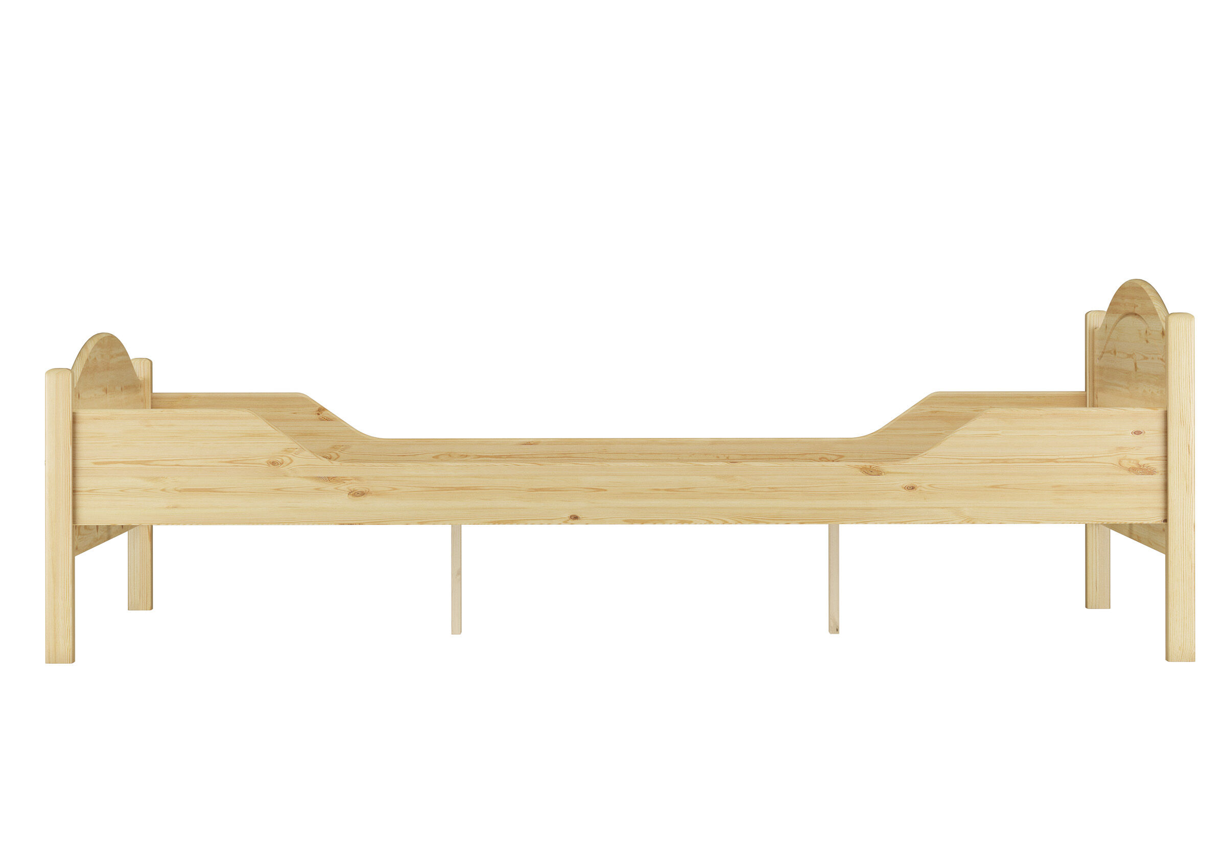 Holzbett, Holzbettrahmen, Naturholz, Holzlattenbett, Kopf- und Fußteil, Seitenansicht mit Stützfüßen Holzbett Kiefer natur