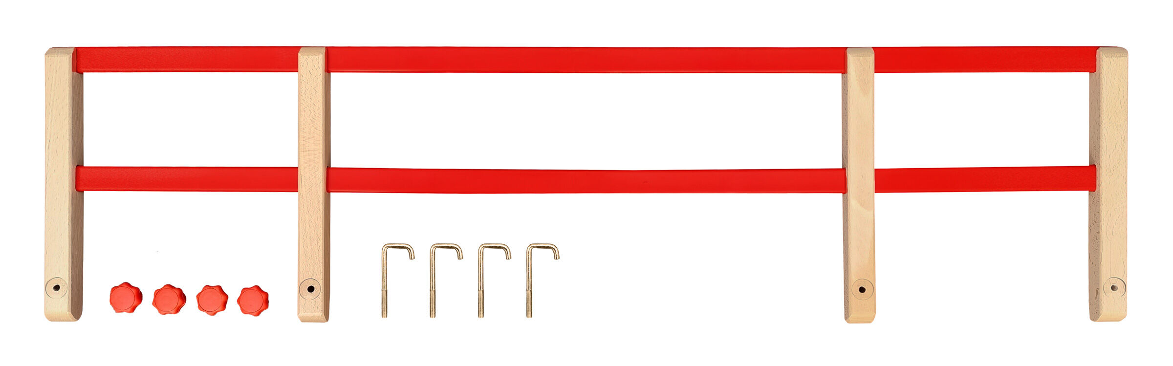 Wandregal, rote Stangen, Holzrahmen, Montagematerial, Haken und Stifte, Schlittenlehne als Zubehör