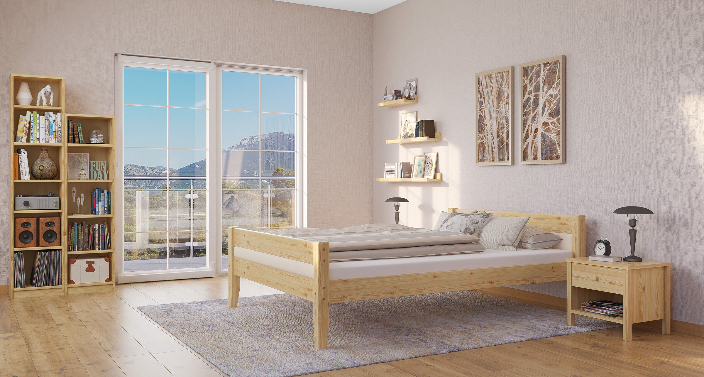 bett, massives holzbett, nachtkommode, buchregal, wandregal, Schlafzimmer-beige-Holz-Kiefer-160x200