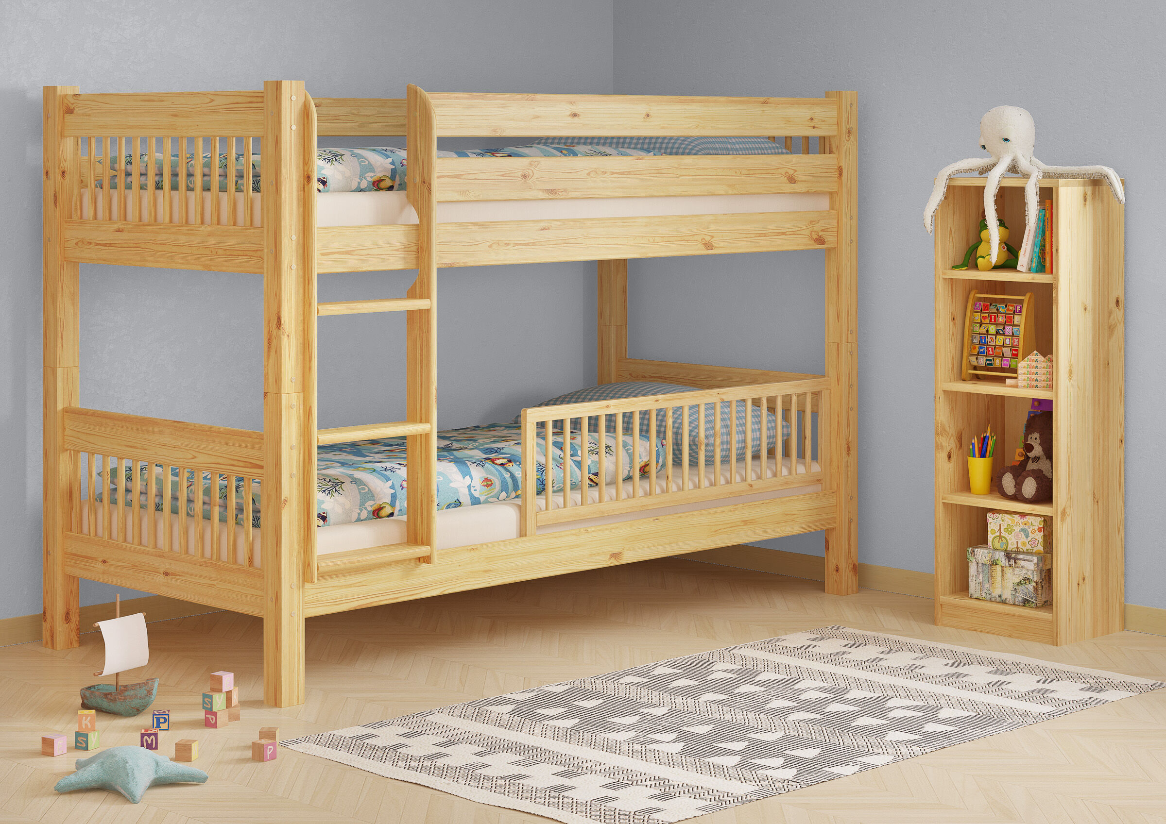 Kinderstockbett aus Massivholz mit wählbarem Zubehör, Liegefläche 90x200 V-60.12-09Ni70