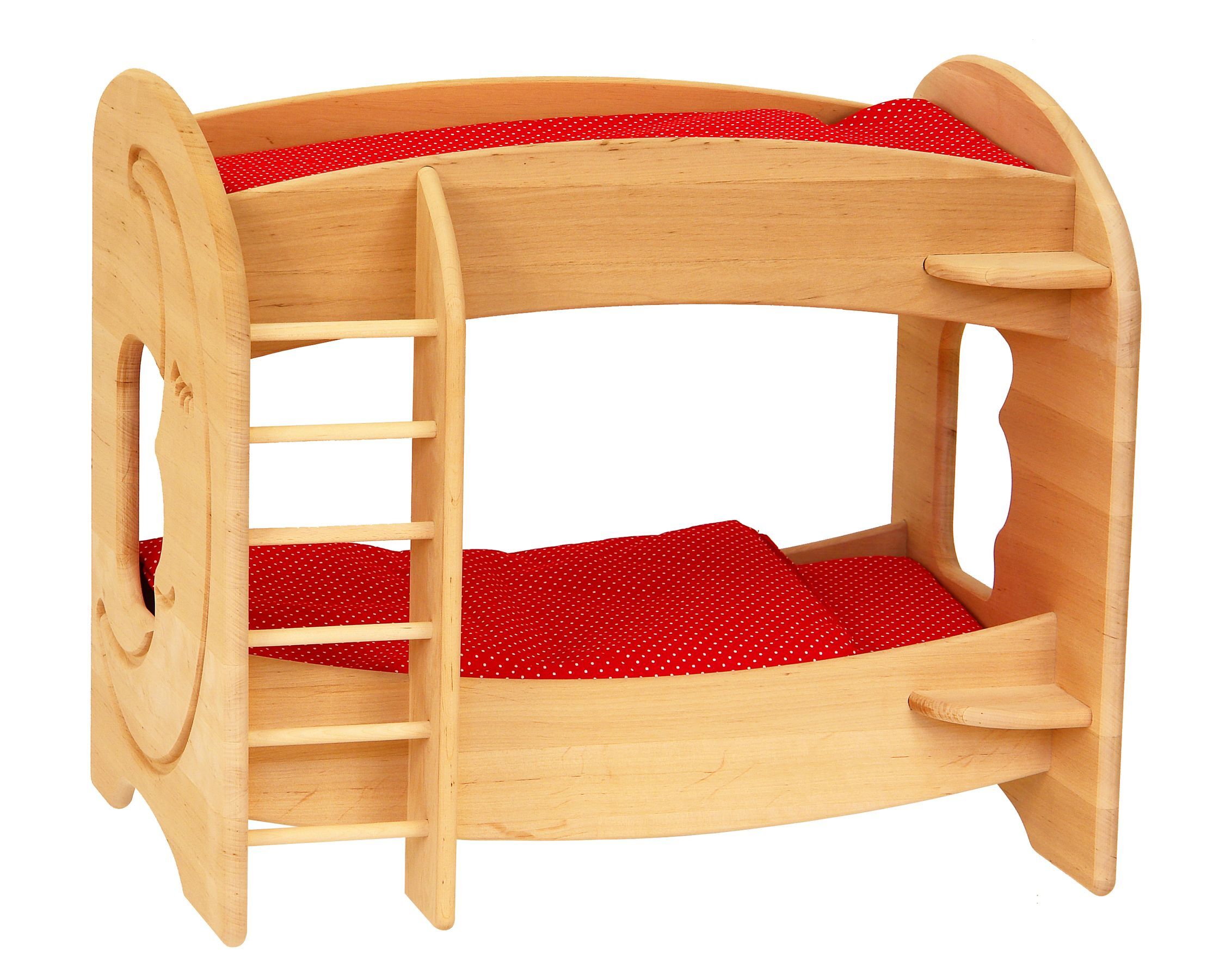 Holzbett, Kinderbett, Etagenbett, Rot gepunktet, Bettwäsche, Geschenk für Mädchen Etagenbett für zwei Puppen