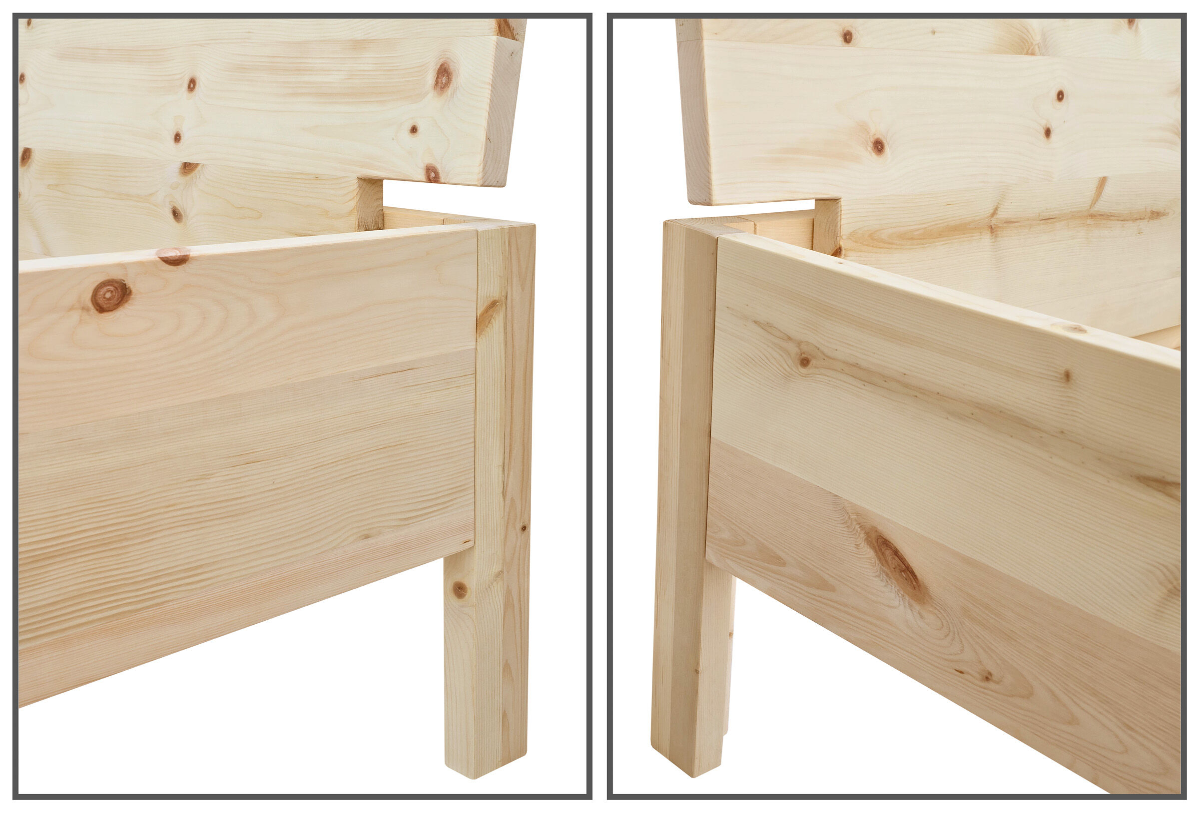 Holz, Kiefer, Holzbett, Bettkasten, Naturholz, Schönes Doppelbett 200x200 aus Zirbe von Links und Rechts