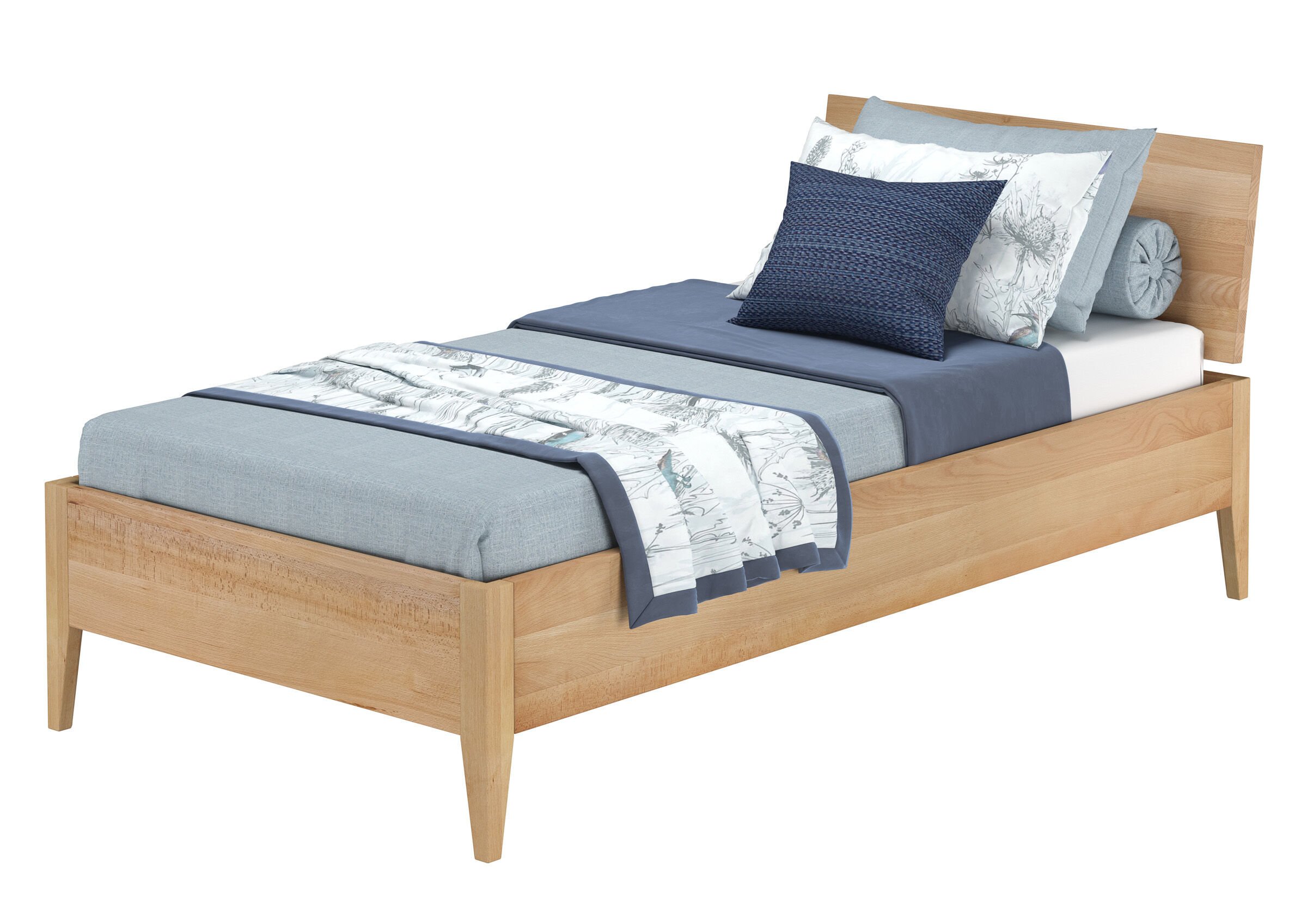 Bed frame, Wooden bed, Headboard, Bedding set, Quilt/coverlet, Holzbett geölt 100x200 metallfrei