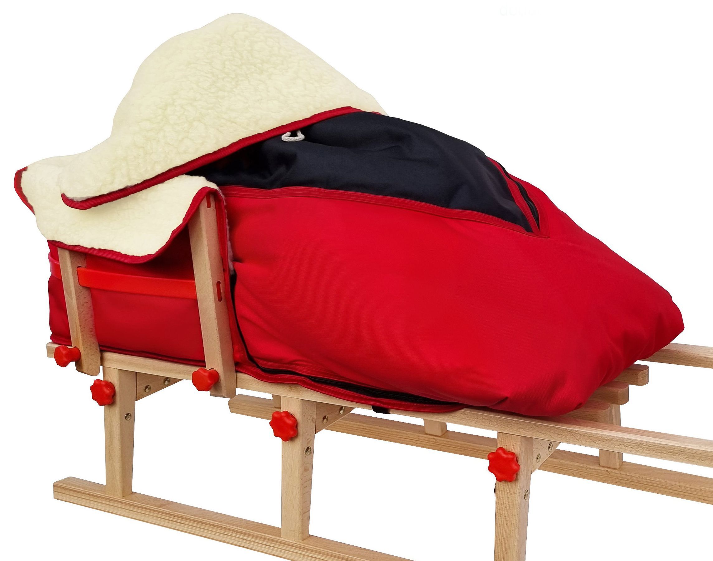 Rodelschlittenabdeckung, Schlafsack, Fellbezug, Holzkonstruktion, rote Farbe, Schlittenfußsack rot