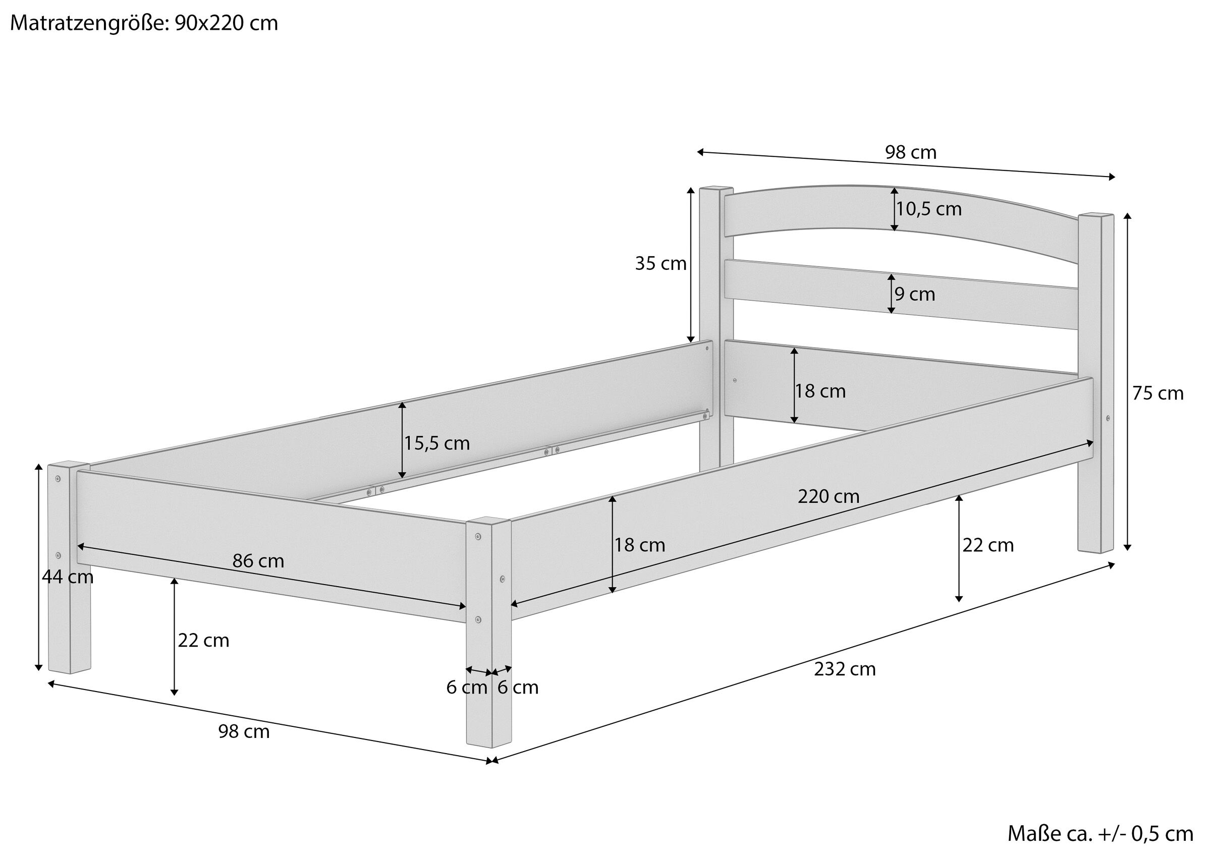 Einzelbett, Holzbett, Kiefer, Holzlatten, 90x220 cm, Maßskizze des Vollholzbettes 90x220
