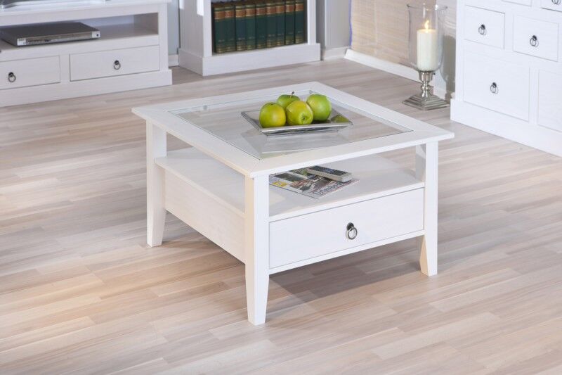 wohnzimmertisch, coffee table, glasauflage, holzstuhl?, schublade, Beistelltisch niedrig weiß