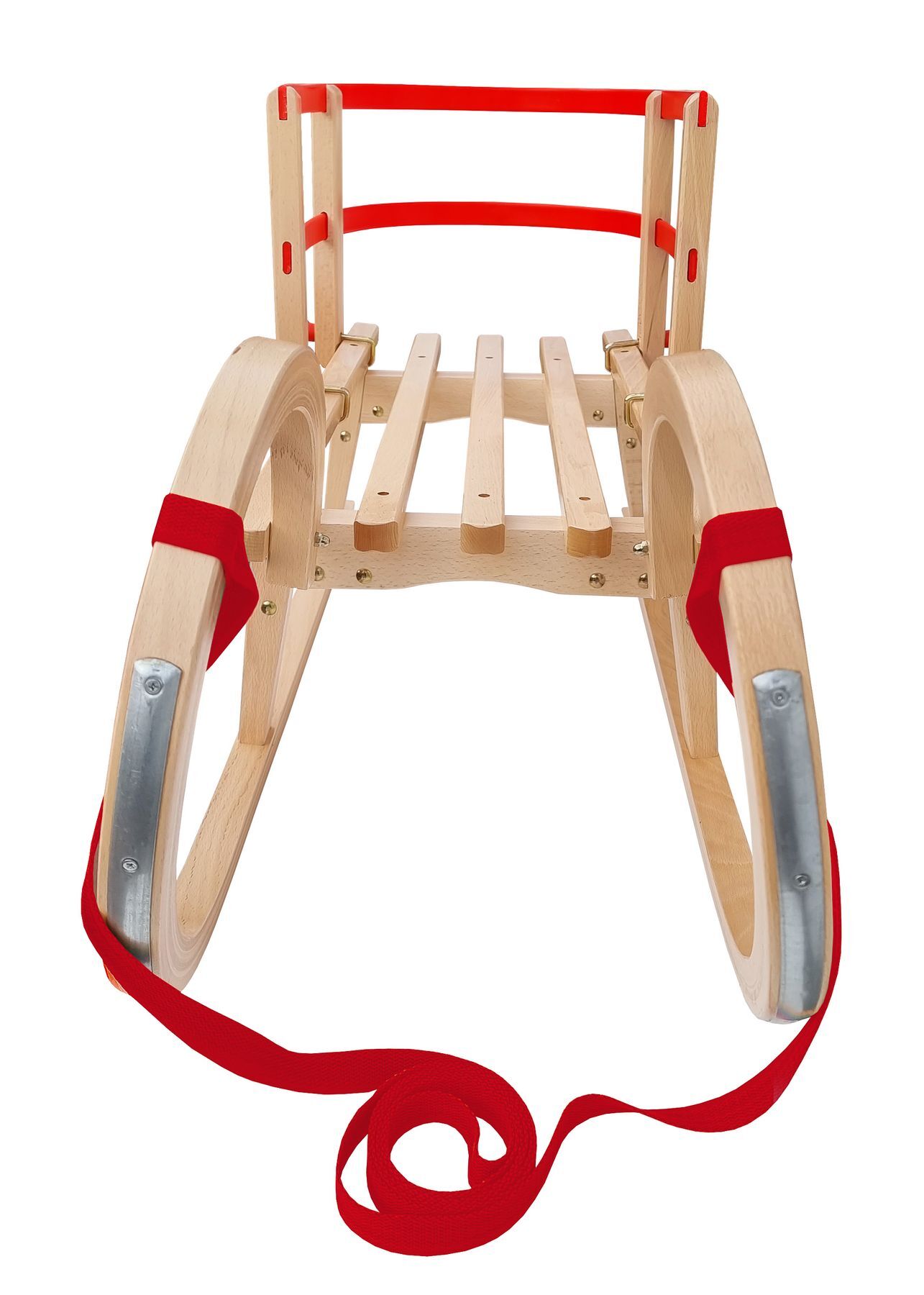 Schlitten, Holzschlitten, roter Gurt, Kinder, Sitzbrett, Klappschlitten mit Lehne