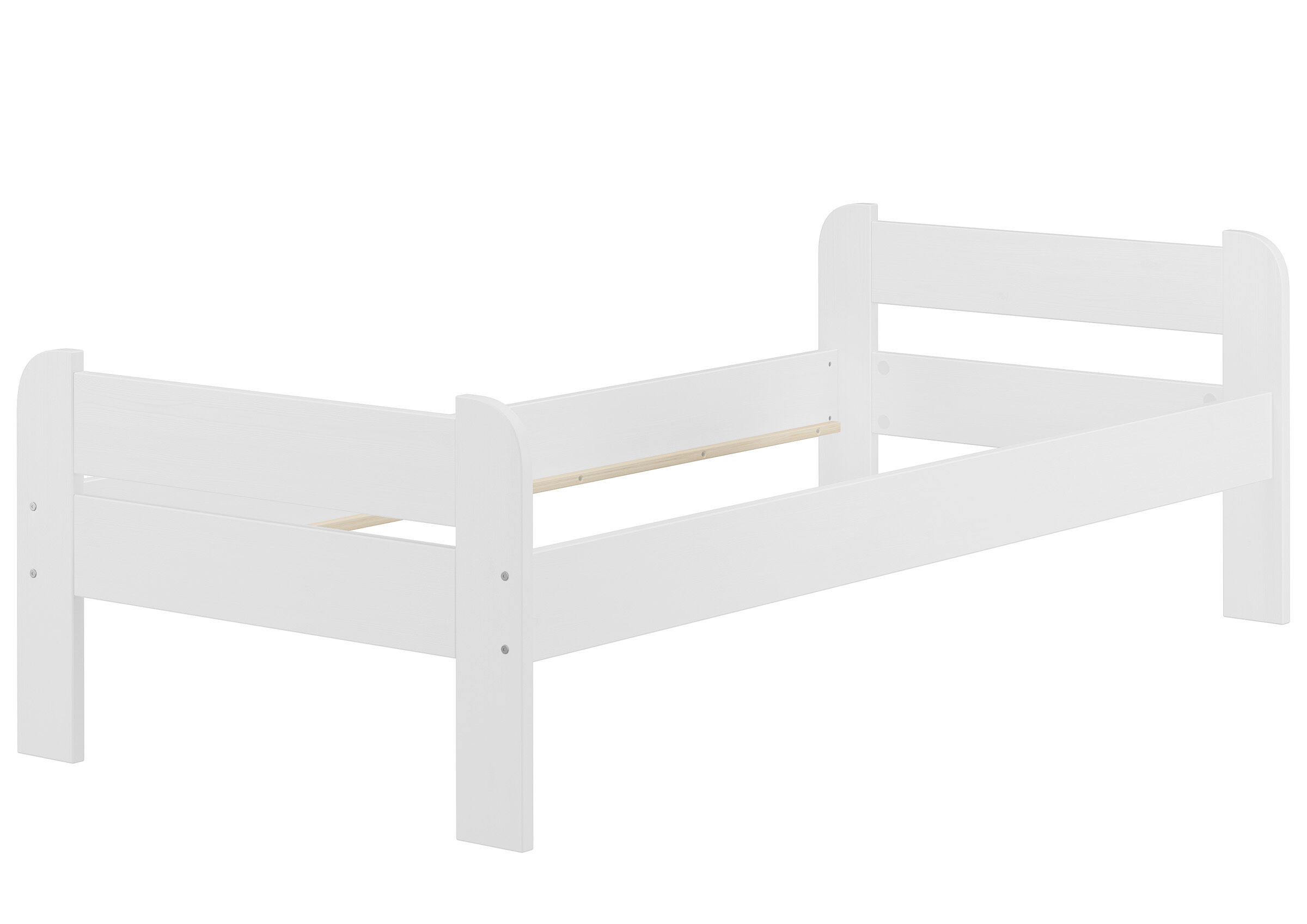 Einzelbett, Holzbett, Weiße Farbe, Kopfteil frei, Lattenrosthalter, Bettrahmen-weiß-90x200