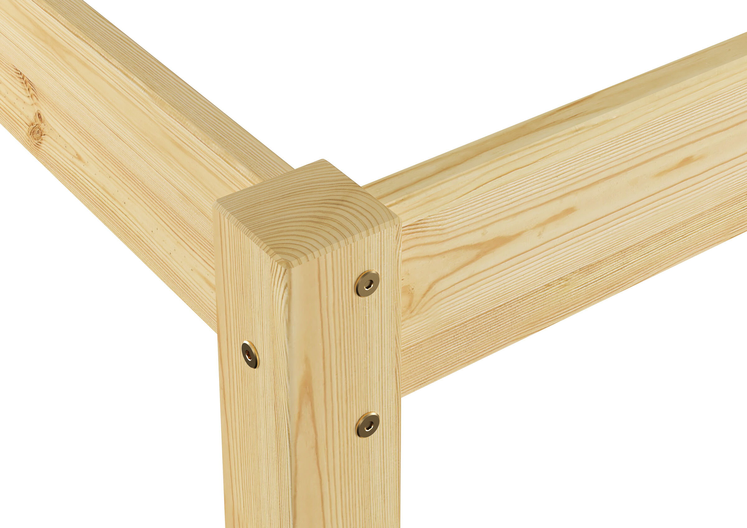 Holzrahmen, Holzbalken, Schnittstelle, Schraubverbindung, Naturholz, Detailbild Kiefer Bett Natur