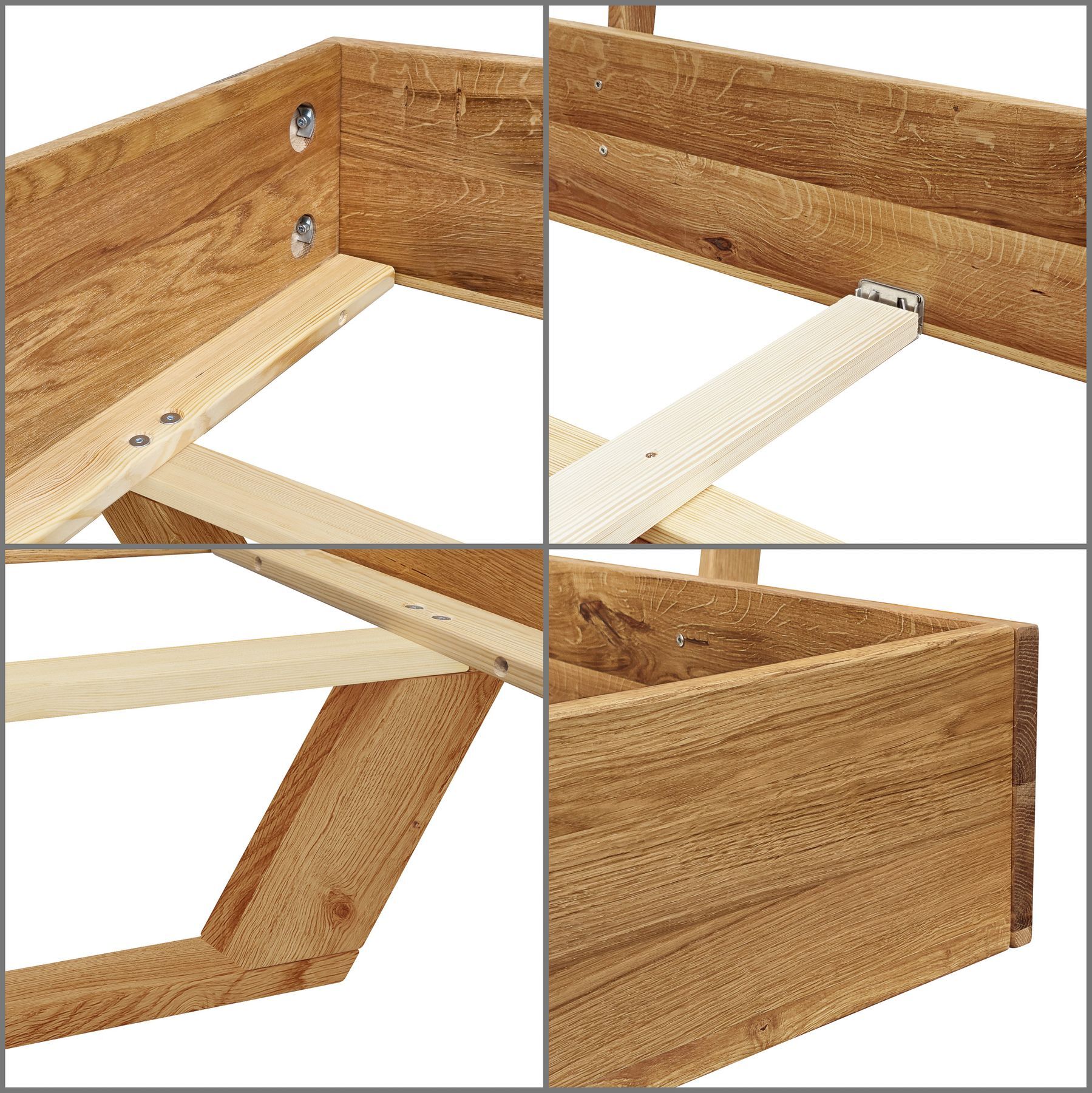 Holz, Holzbettgestell, Massivholz, Holzplatten, Holzverbindung, Detailblid der Verbindung des Schwebebettes
