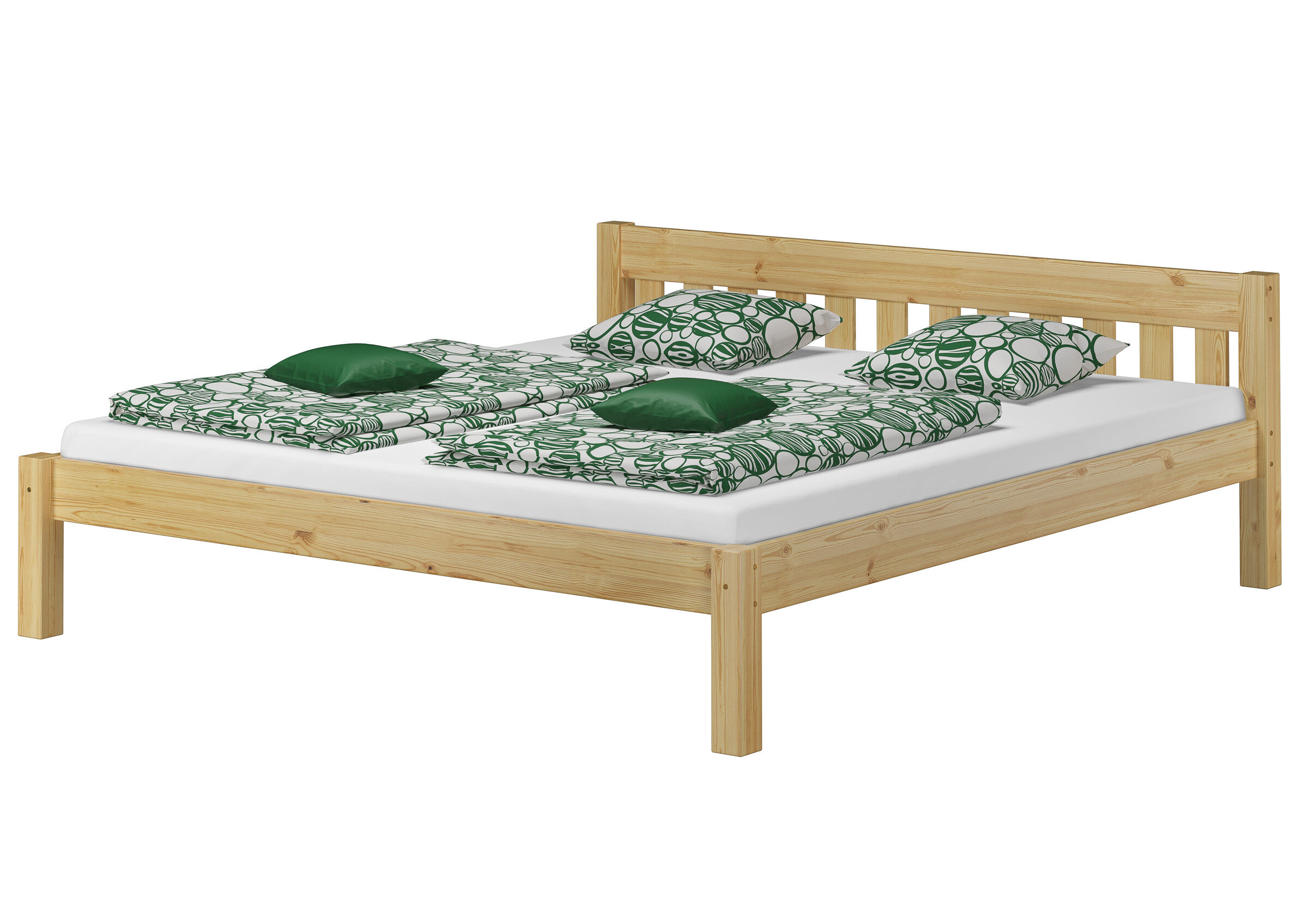 Holzbett, Doppelbett, Grün-weiße Bettwäsche, Bettgestell aus Kiefer, Matratze, Massivholzbett aus Kiefer mit Matratze