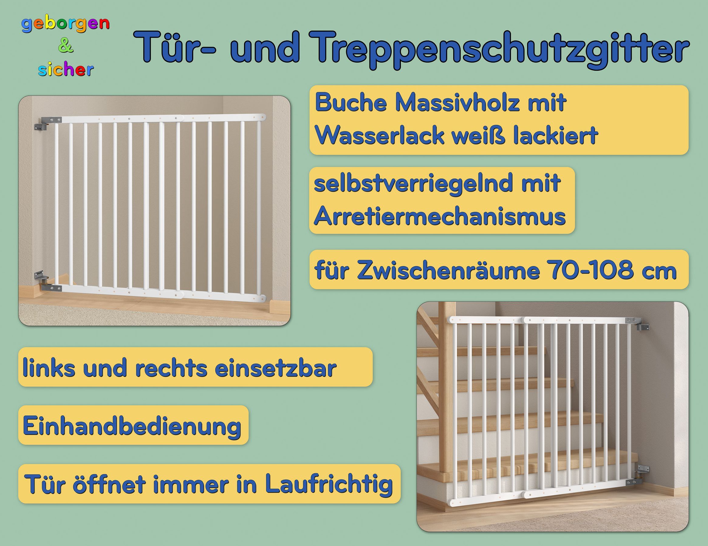 Massivholz, Türschutzgitter, Wasserlack, weiß, Arretiermechanismus, Highlights des Gitters aus Buche