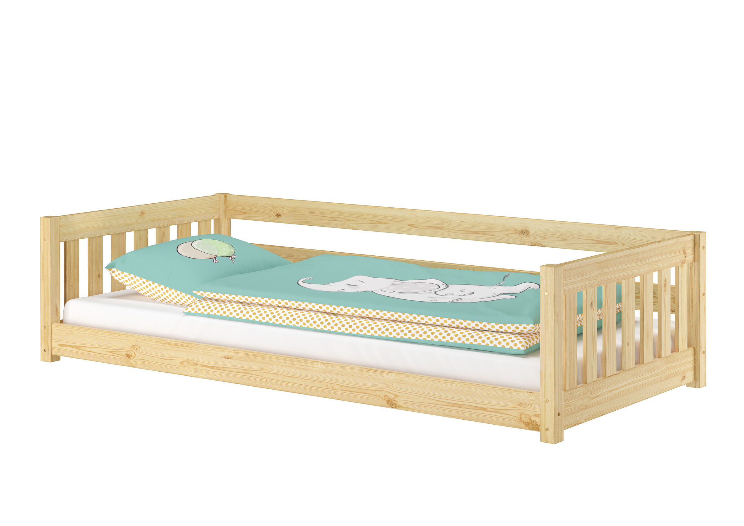 Kinderbett, Holz, Einzelbett, Matratze, Bettwäsche-Set, Flaches Holzbett 90x200