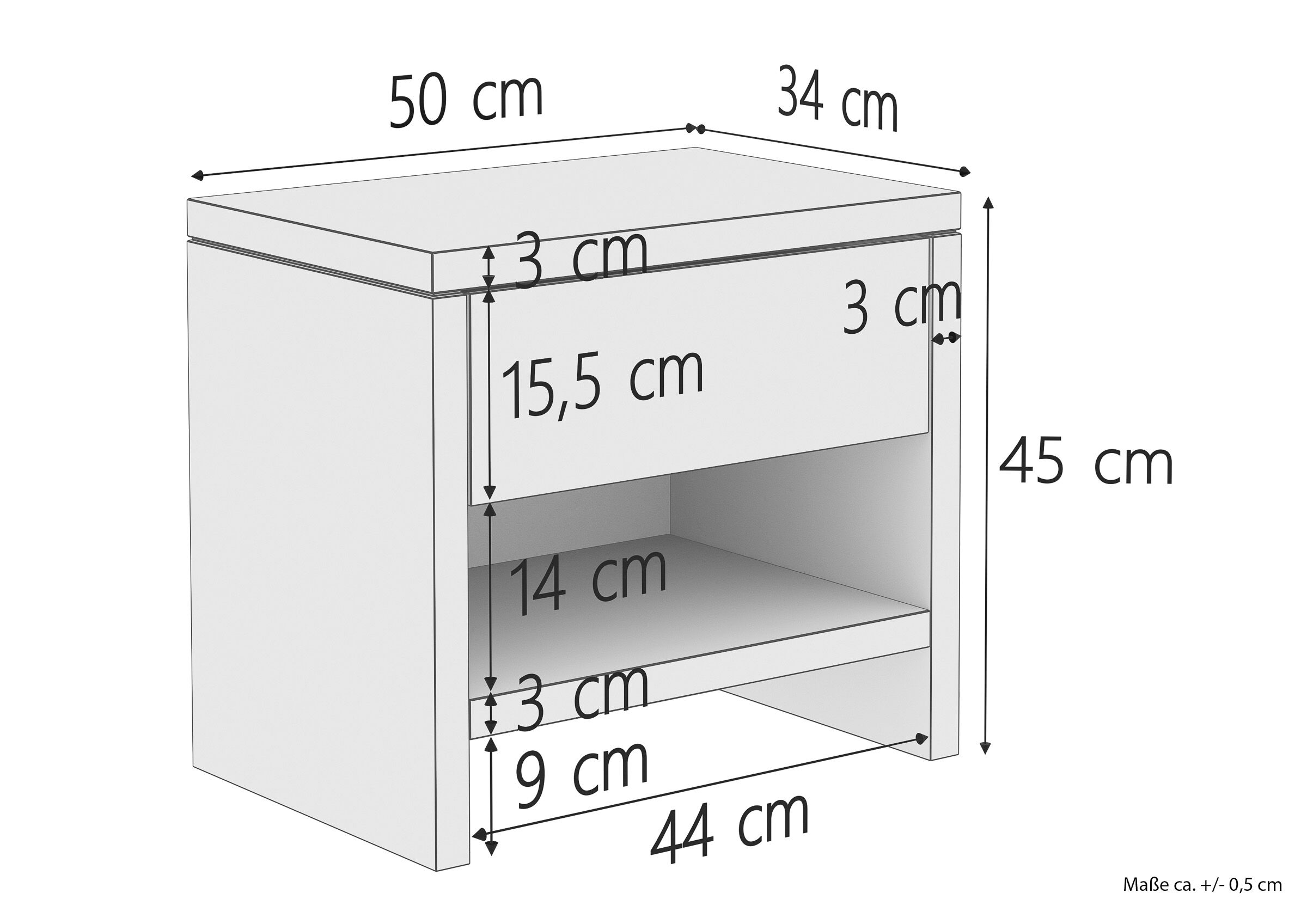 Regal, Küchenunterschrank, Schrank, Holzoptik, Maße 50x34x45, Skizze mit Maße
