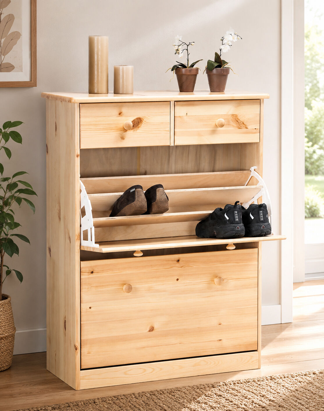 Holzschrank, Schuhschrank, Schuhregal, Konstruktionsholz, Aufbewahrung, Flurschrank mit Kipptüren für Schuhe
