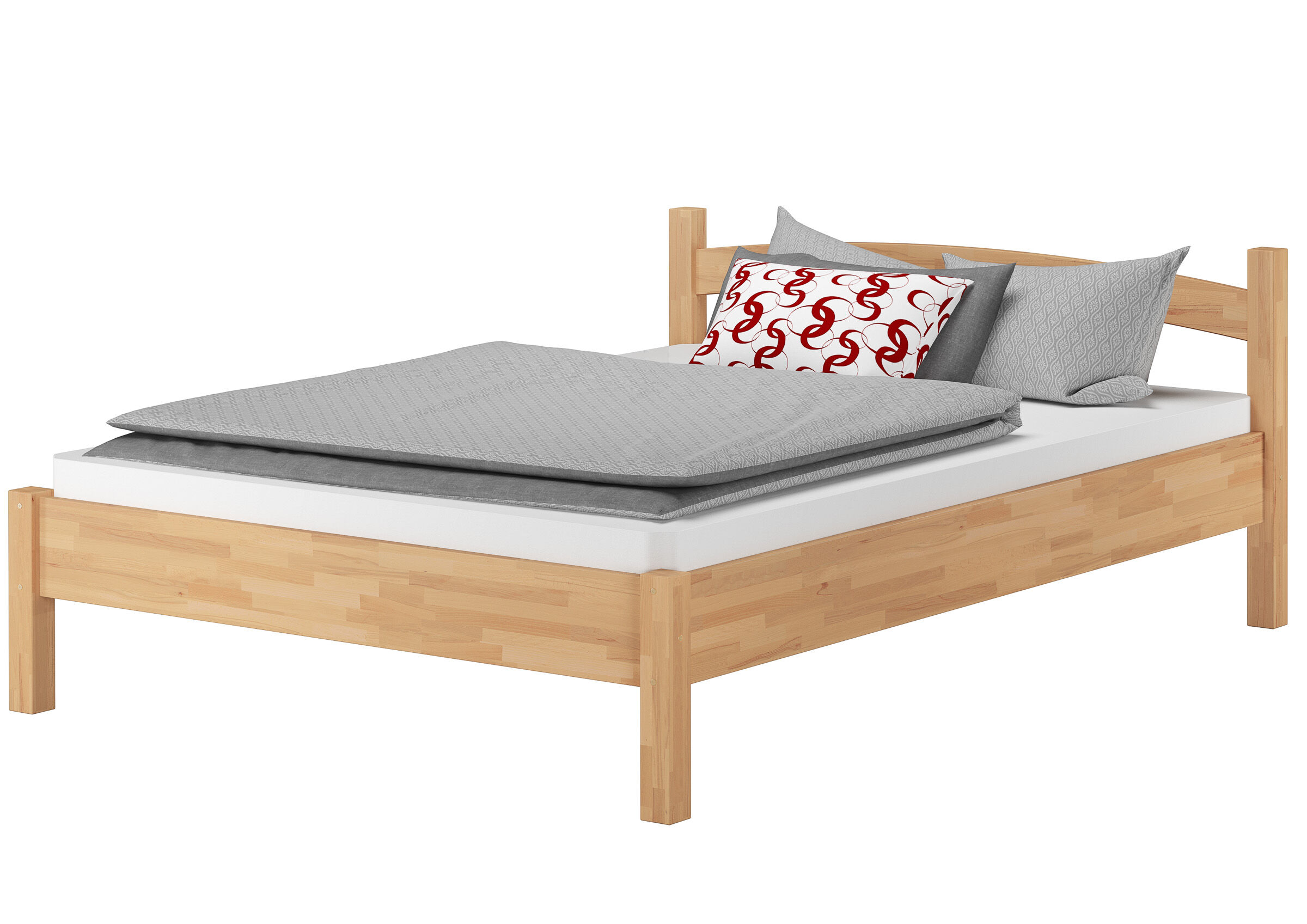 holzbettrahmen, bettgestell, normales bett, graues bettzeug, kissenbezug rot-weiße muster, Gästebett Buche massiv mit Matratze