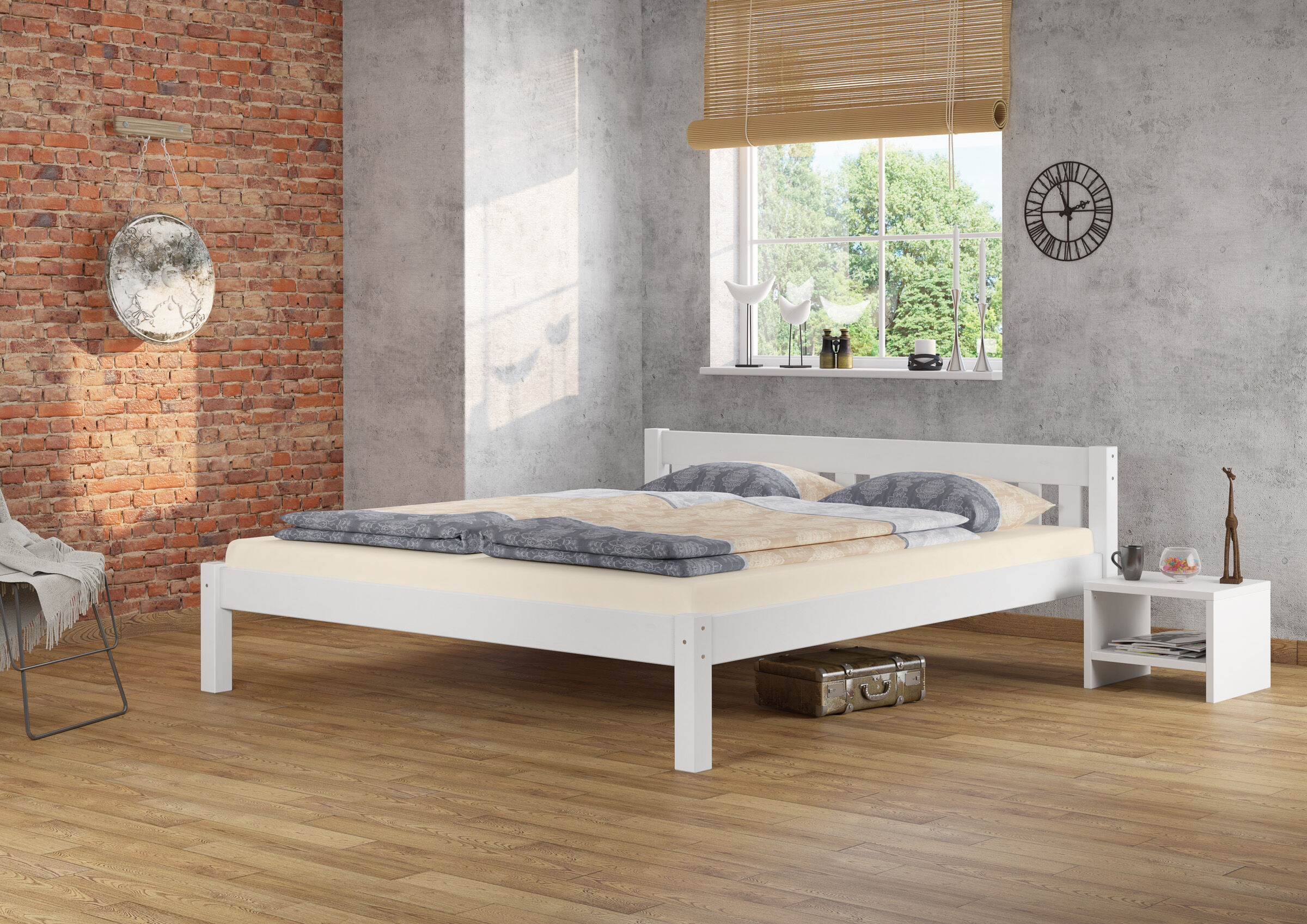 bett, bettgestell, holzoptik, betttop, nachtisch, modernes Schlafzimmer weißes Holzbett