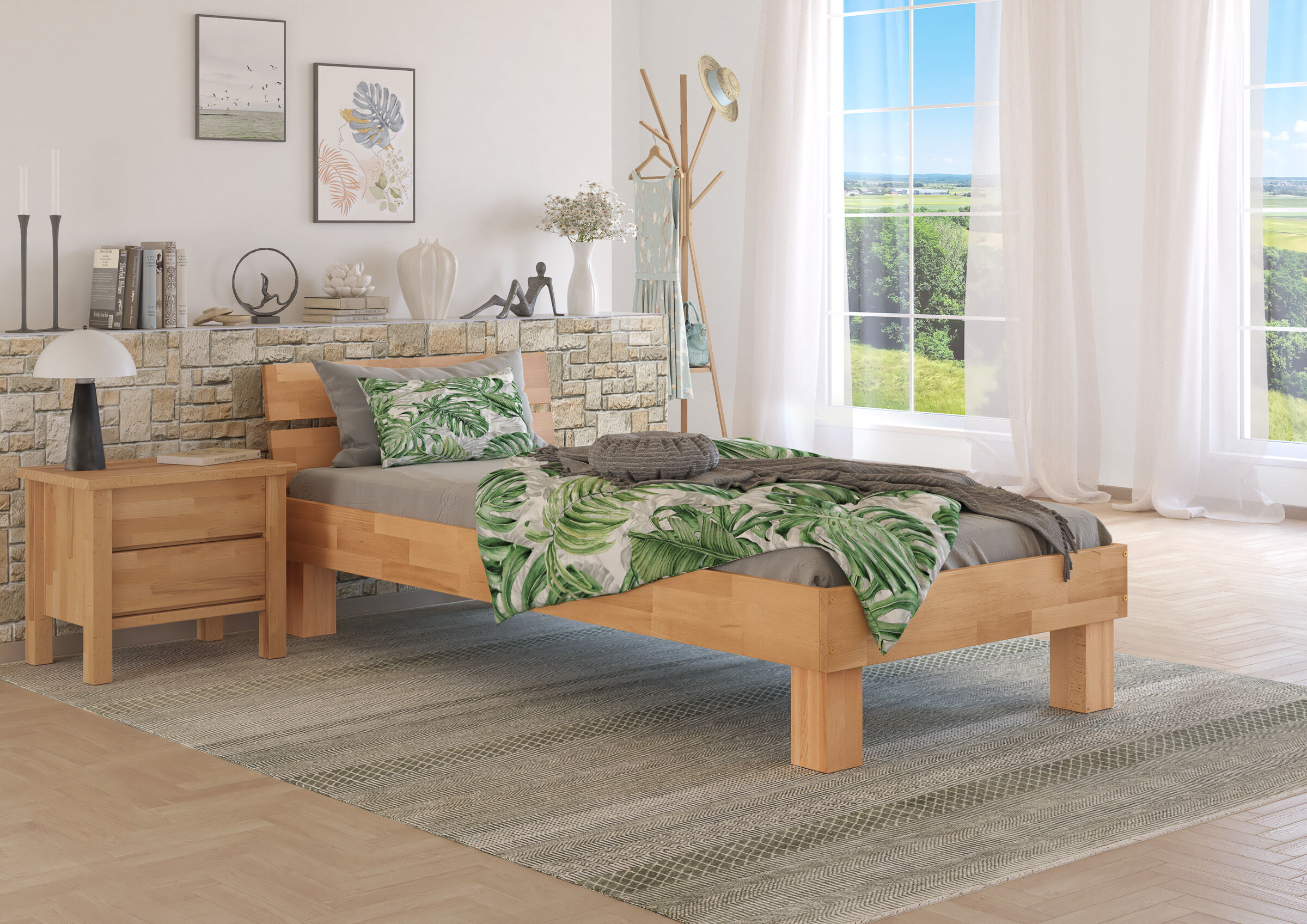 Holzbettrahmen, Bettgestell, Nachttisch, Palmendesign, Bodenkissen, Robustes Einzelbett 100x220 aus Buchenholz