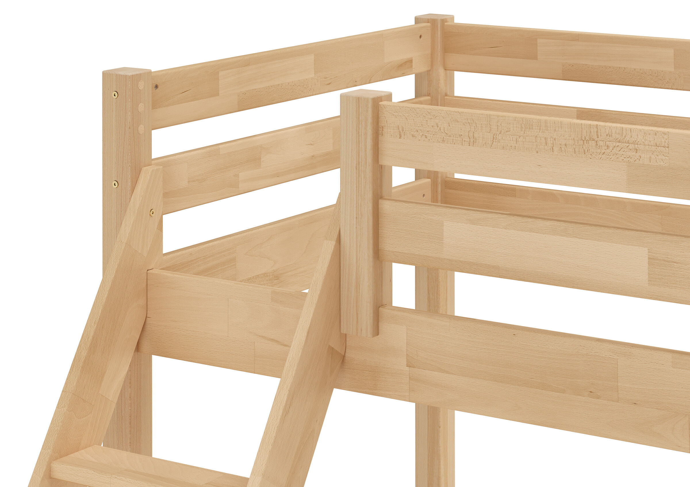 Holzbetten, Etagenbett, Kiefernholz, Naturholz, Holzlatten, Detailbild des Rundumgitters aus Buche