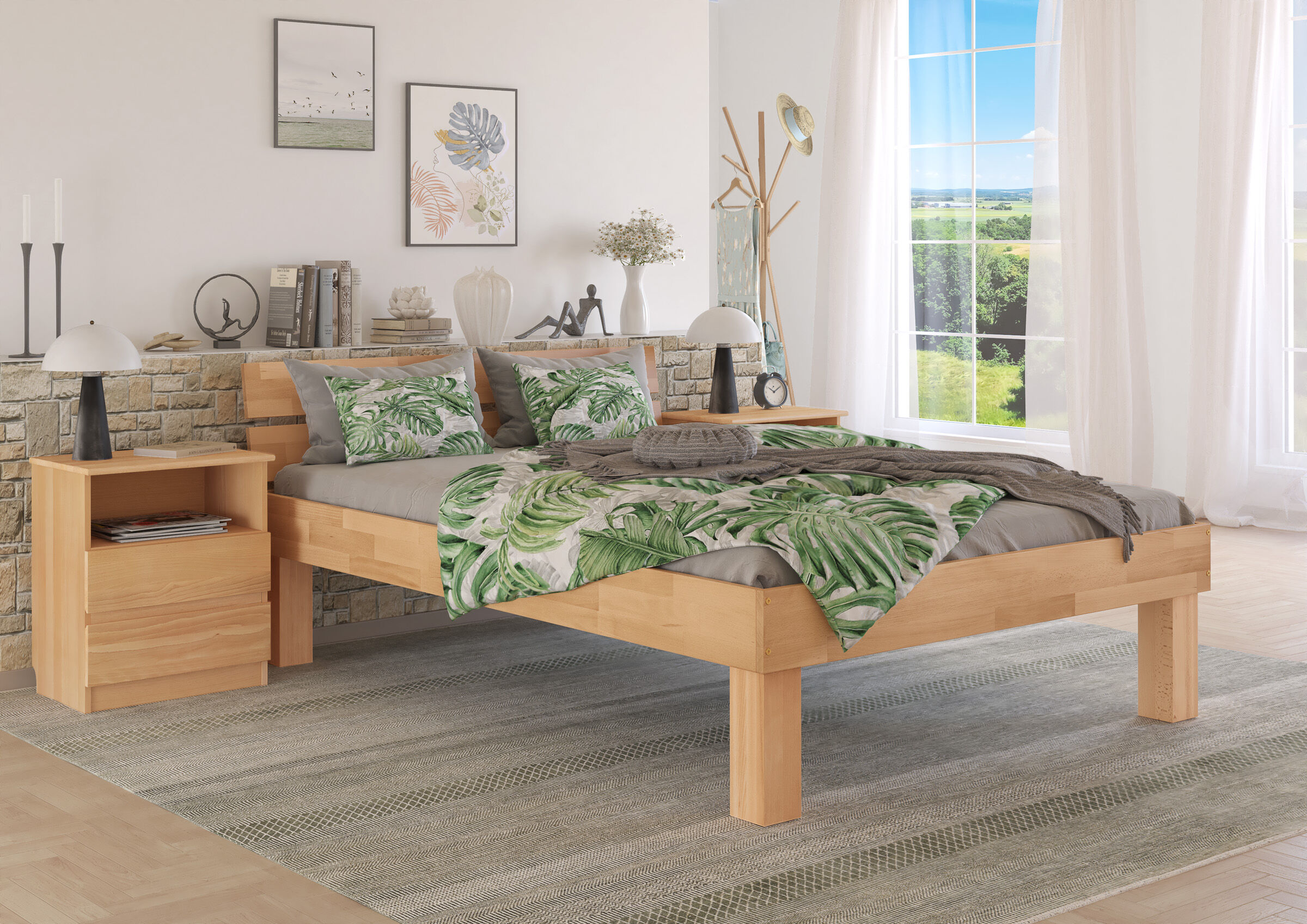 Stabiles Doppelbett 160x200 mit zweierlei Füßen Klassisches Buchenholzbett 160x200 mit zweierlei Füßen