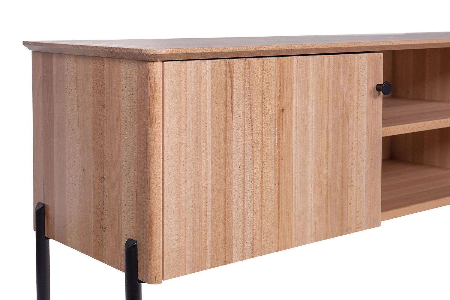 Holzsideboard, Schrank, Eiche, Schublade, Regal, Detailbild des Medienschrankes aus Kernbuche