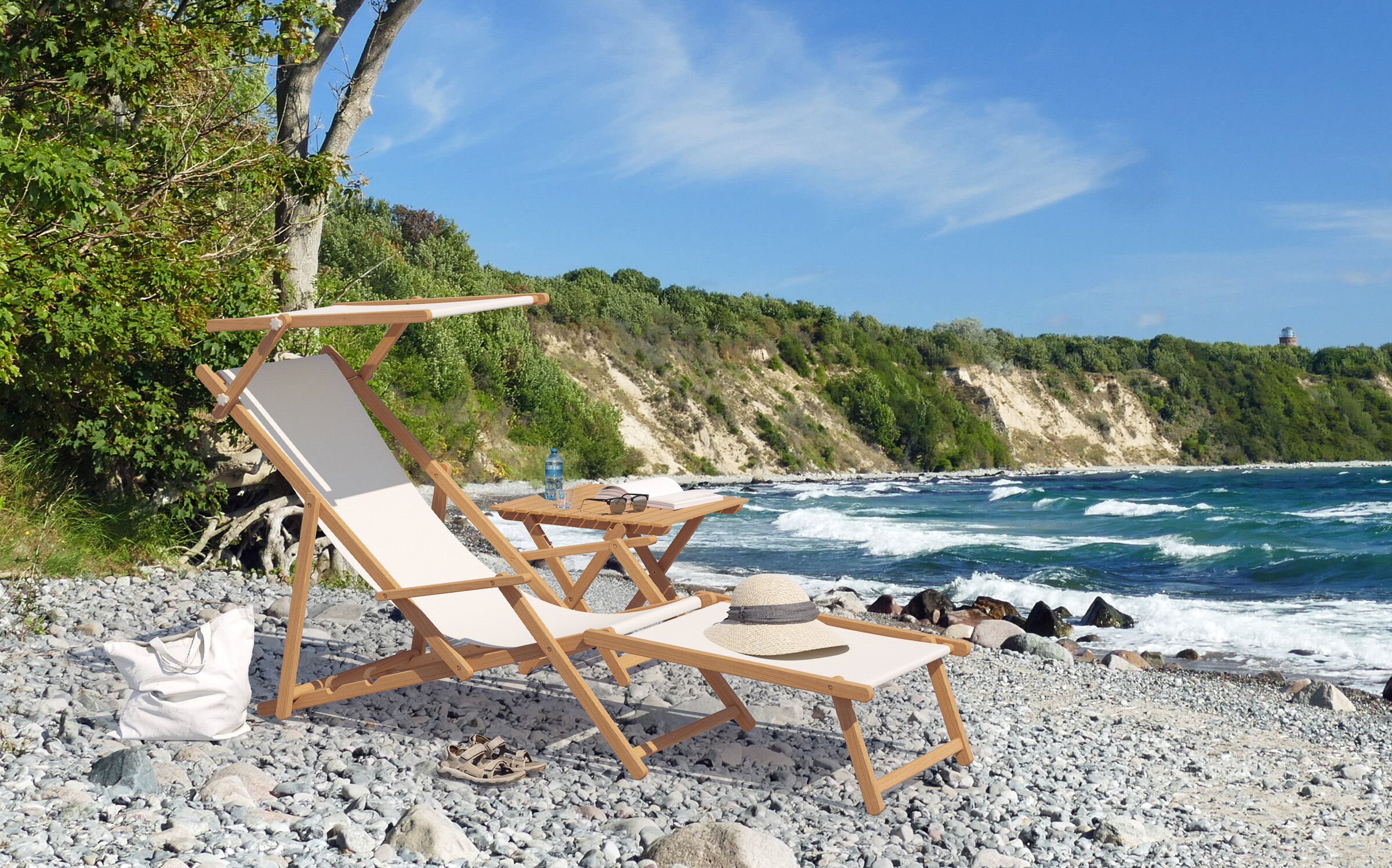 Natur, Landschaft, Sommer, Strand, Holz, Gartenliege Buche hell mit Sonnendach und Fußteil 