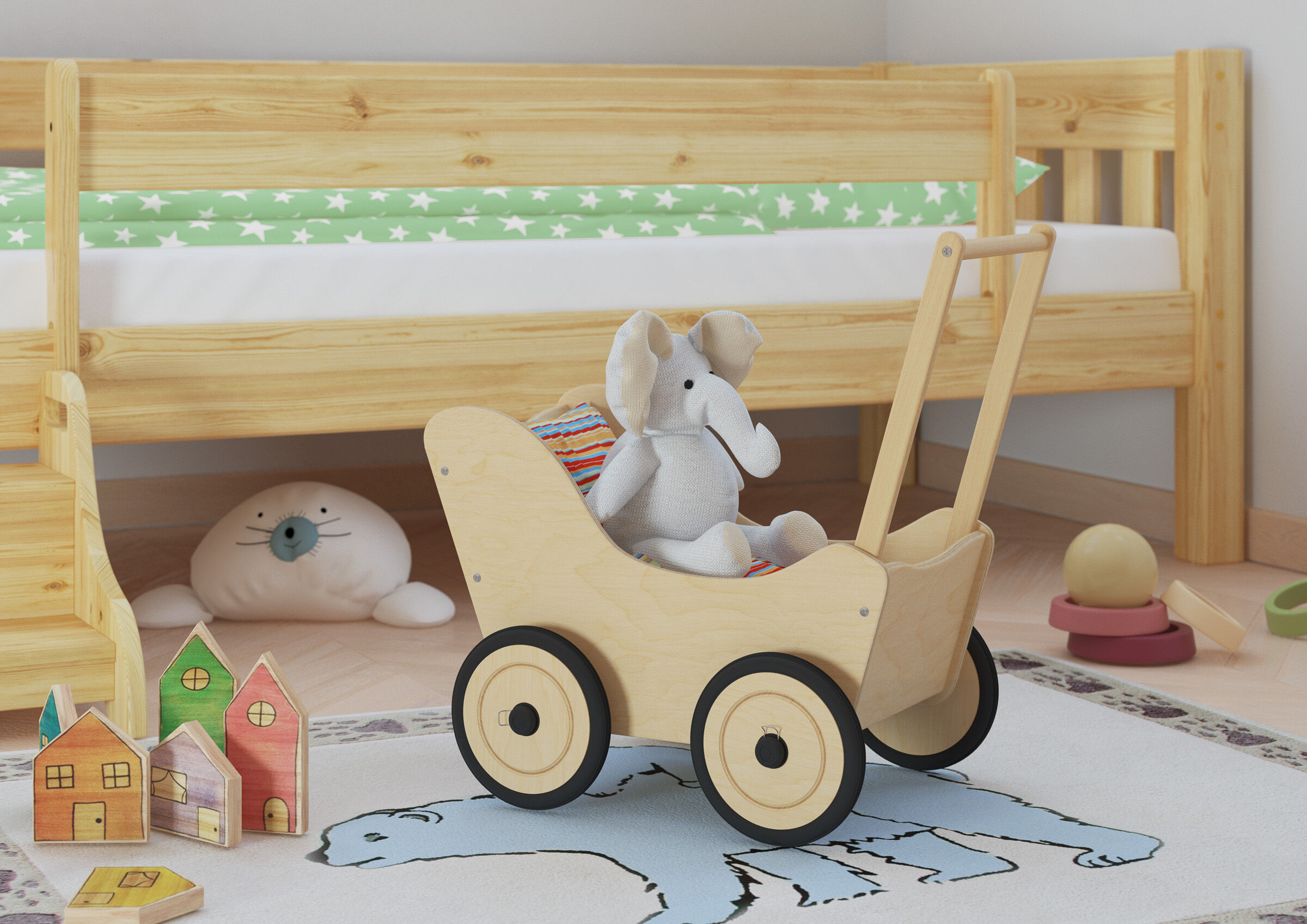 Holzwagen, Kinderzimmer, Spielzeug, Elefant, Puppenwagen,