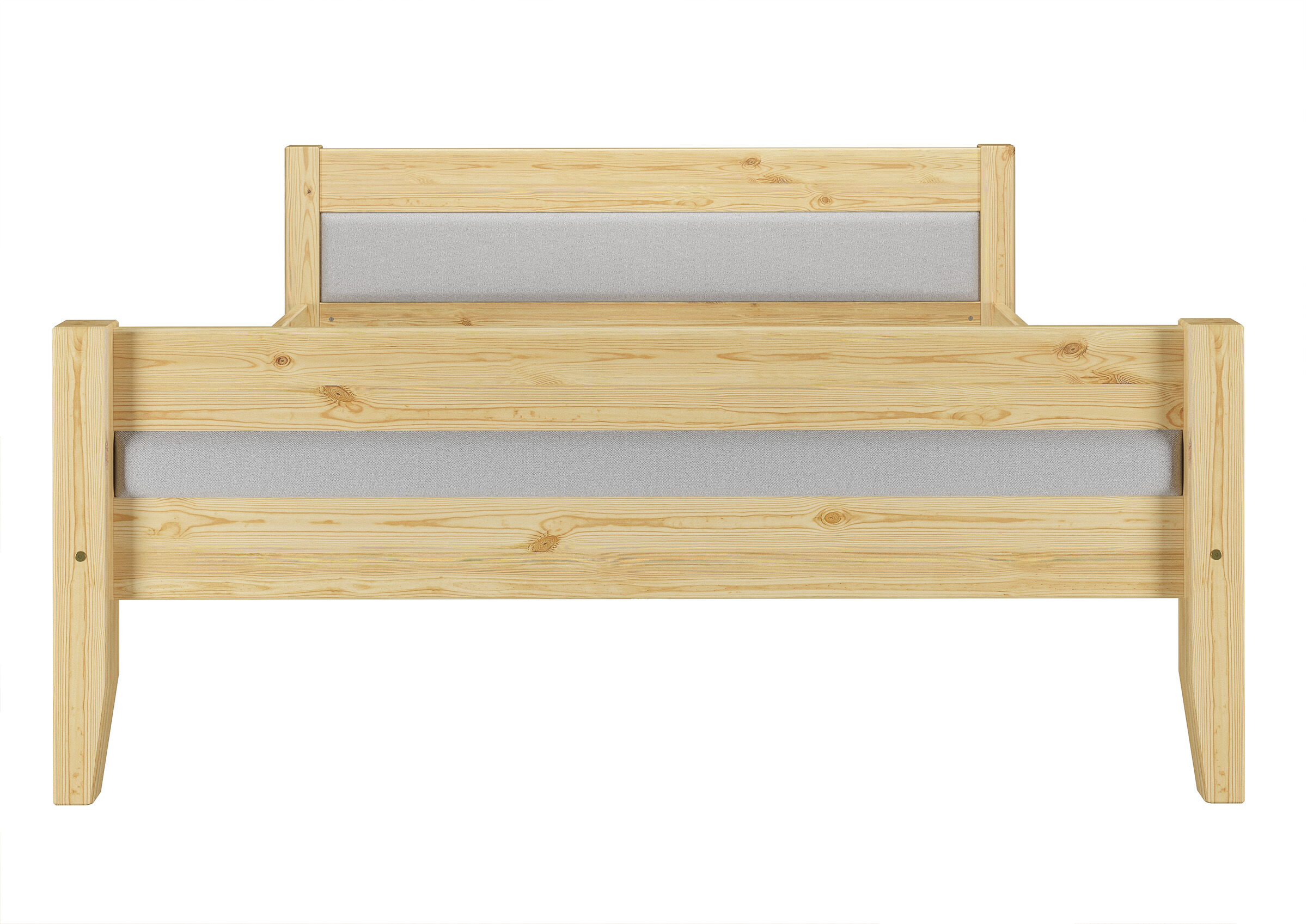 Holzbett, Bettgestell, Kopfteil, Holzlatten?, Holzbearbeitung, Doppelbett Kiefer natur Stoff grau
