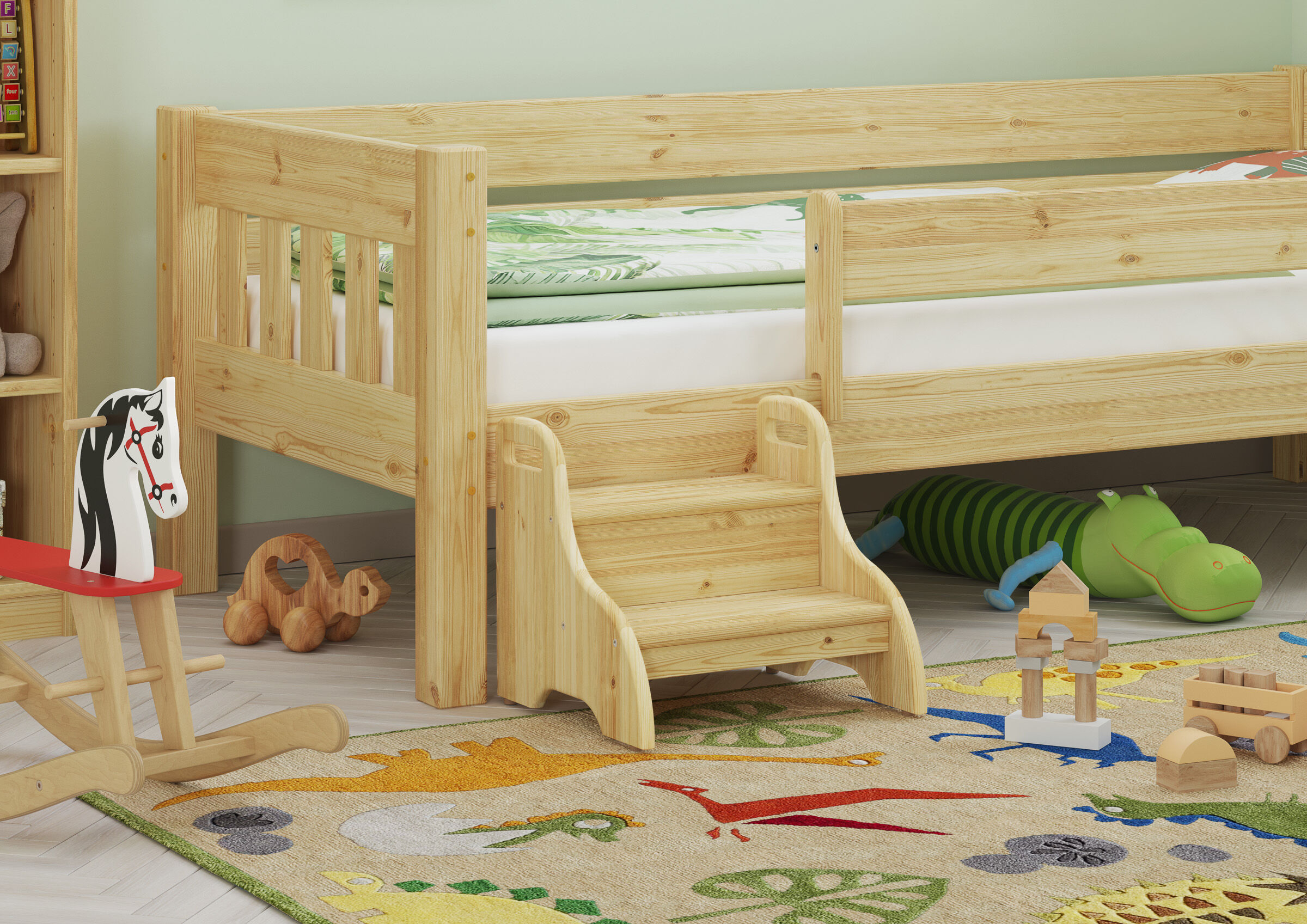 Holzbetten, Etagenbett, Kiefernholz, Kinderzimmer, Trittfreier Treppenstuhl, Stufenhocker für Kleinkinder Kiefer natur