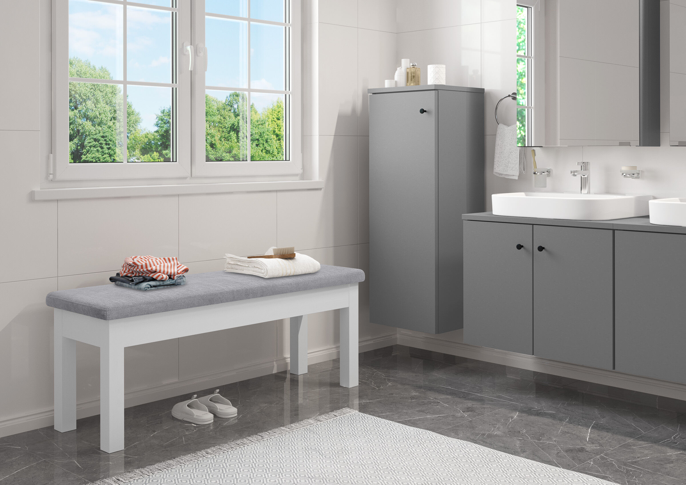 Badezimmer, Bank, graue Schränke, Doppelwaschbecken, Fenster, Bad Bank gepolstert Sitz grau