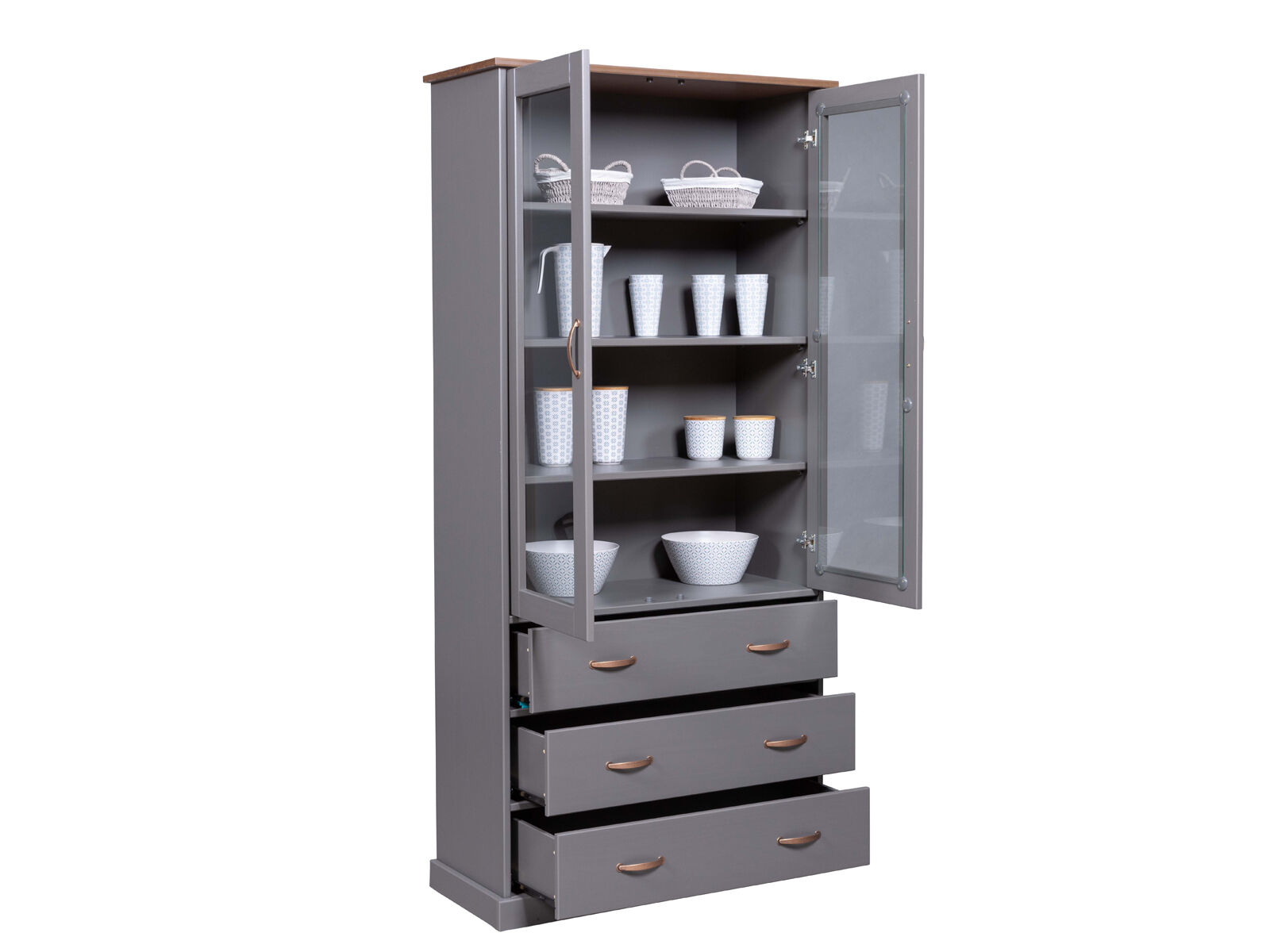 Schrank, Vitrine, Schubladen, Glasfront, Geschirrset, Küchenvitrine grau mit 2 Glastüren und 3 Schubladen
