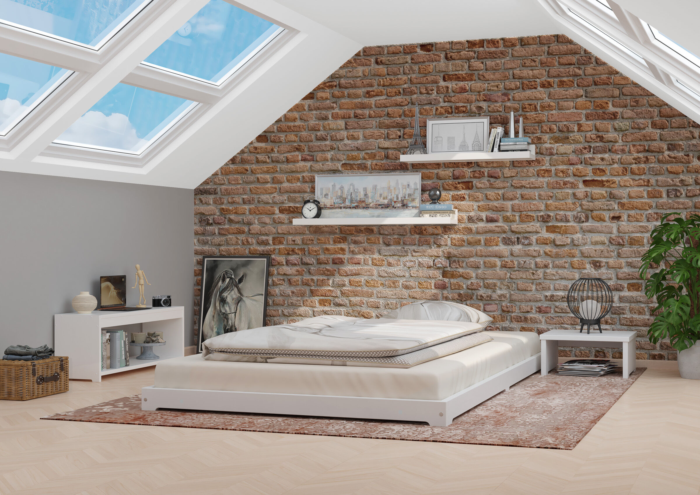 bett, wohneinrichtung, bettenrahmen, kissen, legezeug, Massivholzbett Dachzimmer niedrig