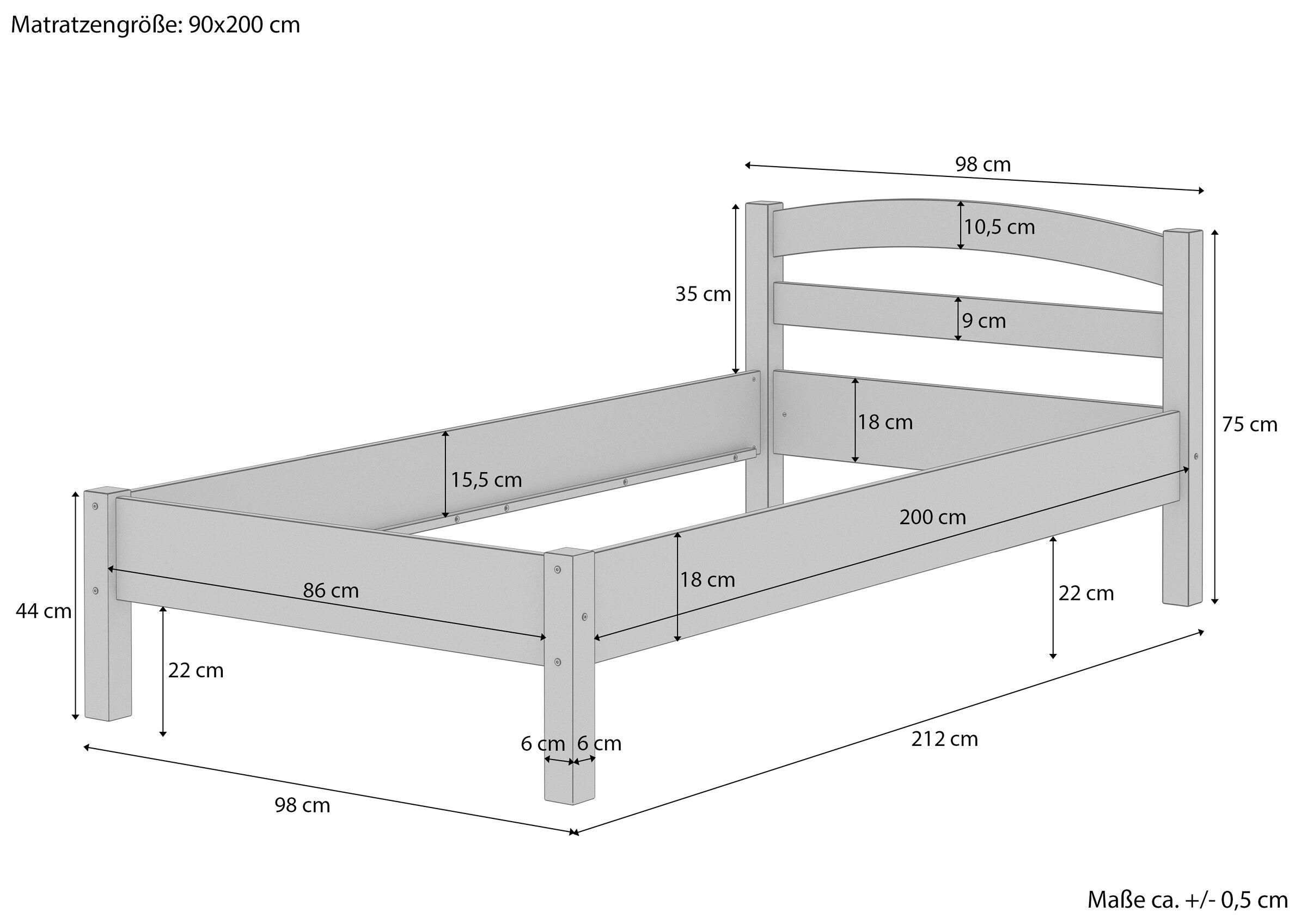 Kinderbett, Holzbett, Graues Bett, Lattenrost fehlt, Bettgestell 90x200 cm, Bemassung Buchebett