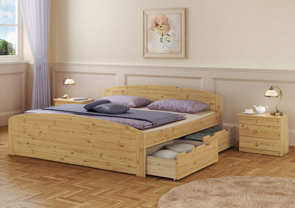 Jugendbett Kiefer natur Funktionsbett Doppelbett Bettkasten 200x200 Holzbett Massivholz Kiefer Zubehör wählbar V-60.50-20