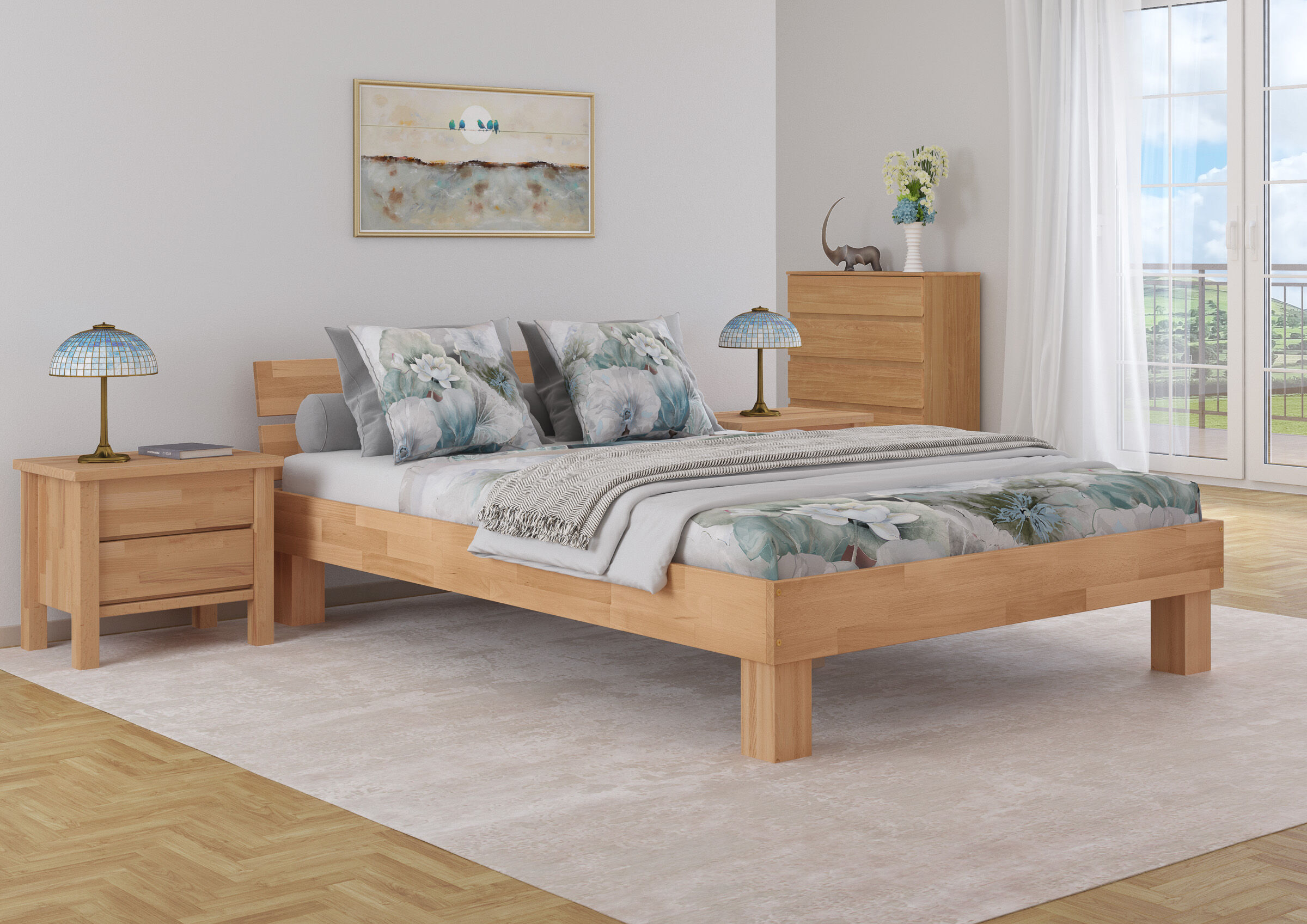 bett, Holzbett, Poster, Nachtisch, Bettdeko, Gemütliches Doppelbett 160x200 mit Kopflehne