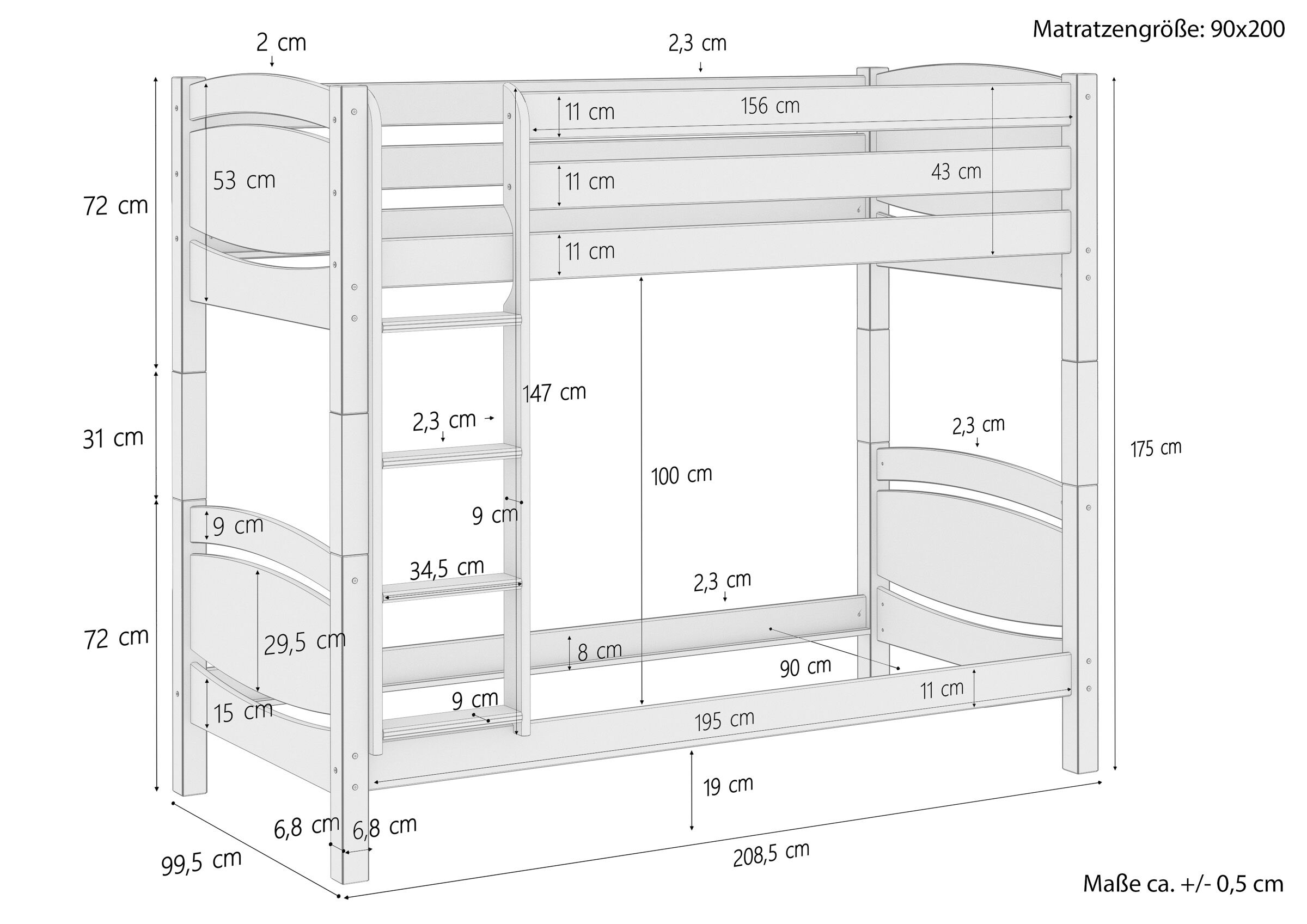 Etagenbett, Holzbett, Holzlatten, Kiefer, Maße 90x200, Skizze mit Maße Nische 100